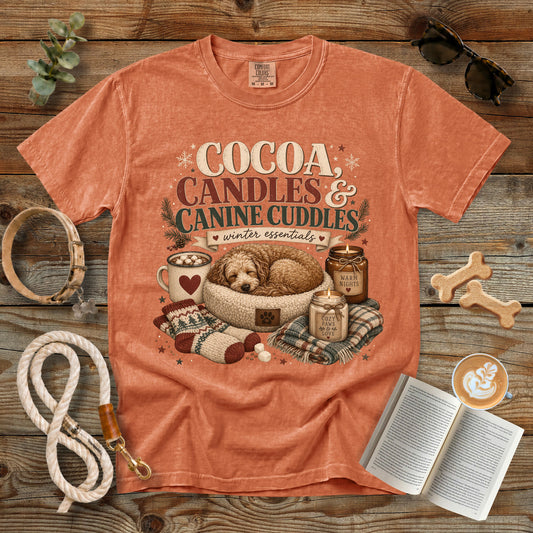 Cocoa Candles & Canine Cuddles T-Shirt | Comfort Colors 1717 Dog Mom Winter Tee