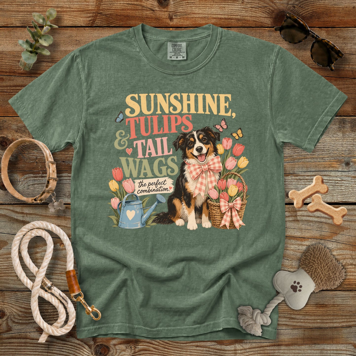 Sunshine, Tulips & Tail Wags T-Shirt | Comfort Colors 1717 Dog Mom Spring Graphic Tee