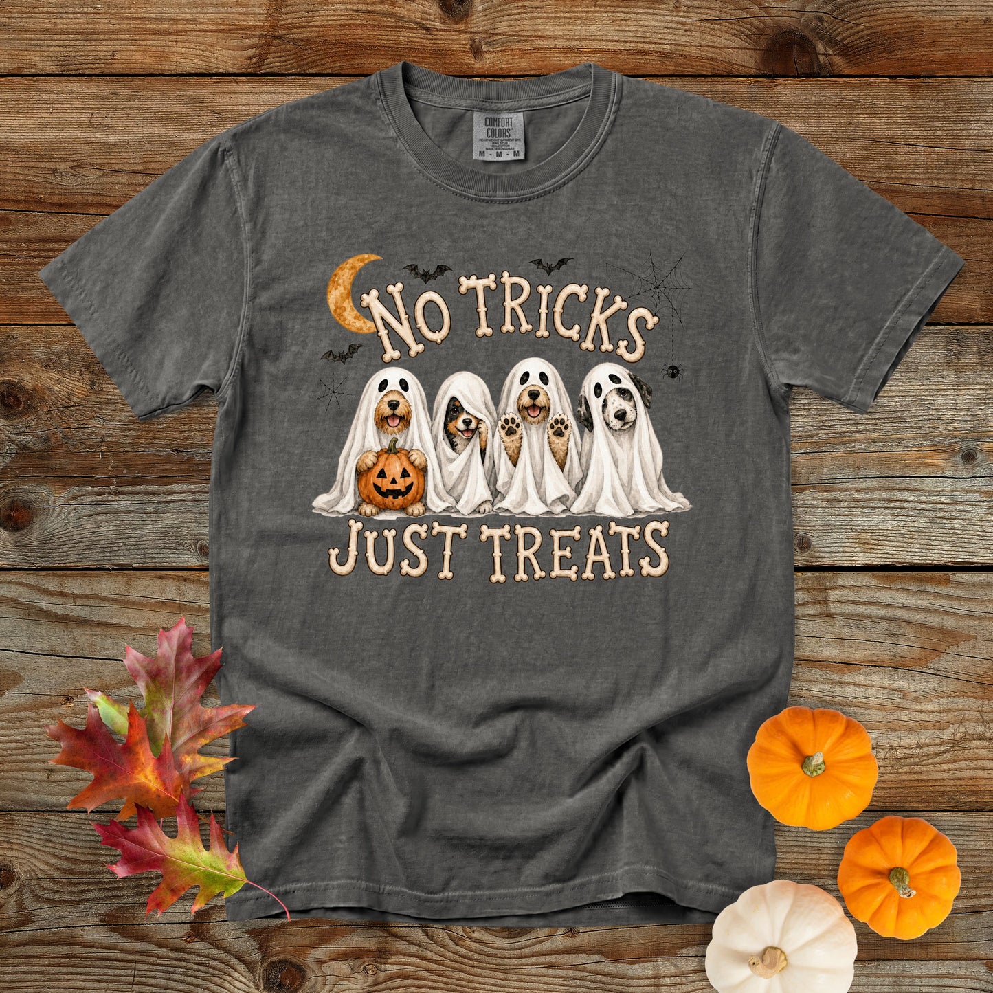 No Tricks Just Treats Ghost Dogs Halloween T-Shirt | Comfort Colors 1717
