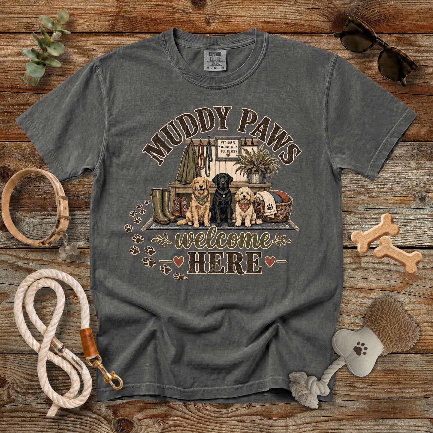 Muddy Paws Welcome Here T-Shirt | Dog Mom Comfort Colors 1717