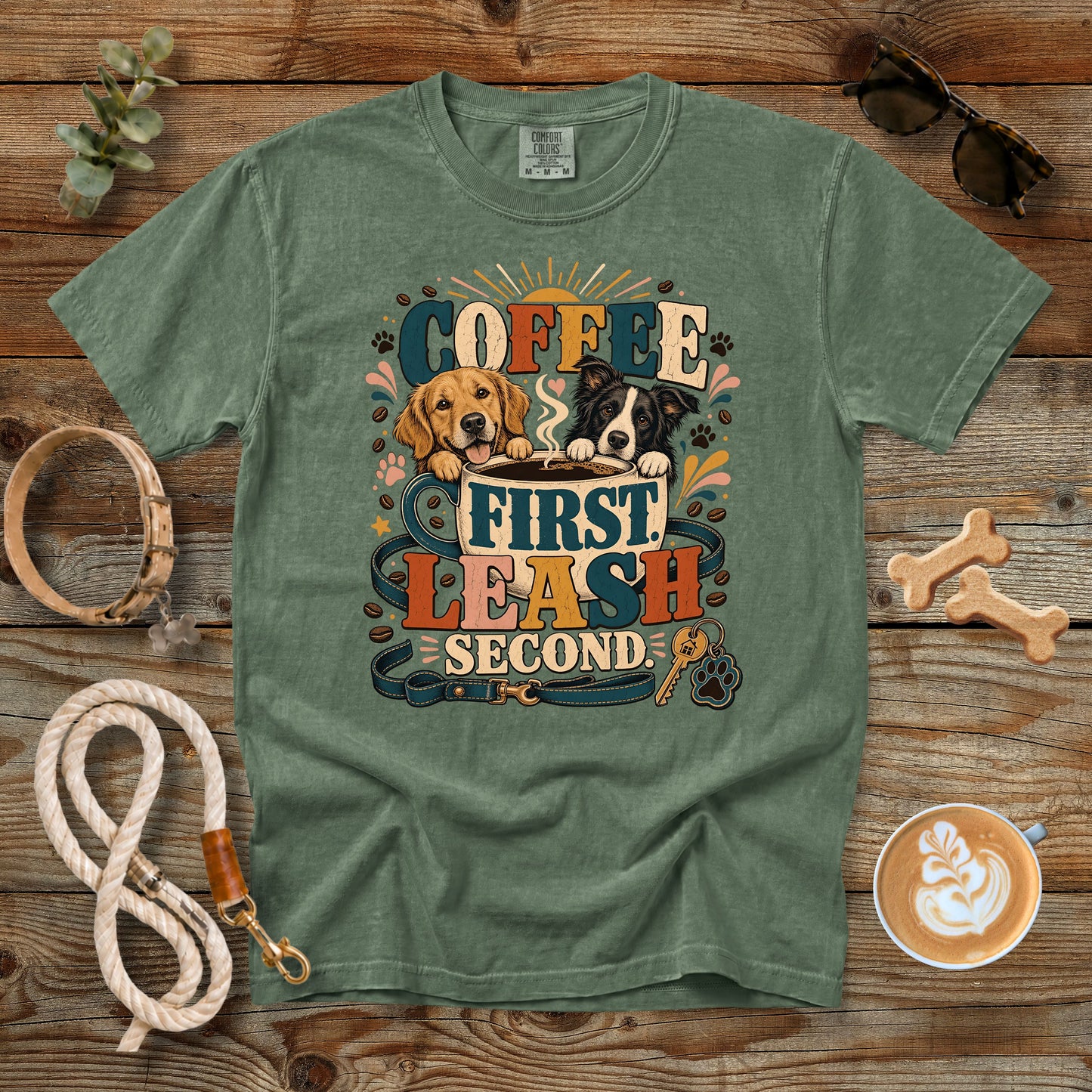 Coffee First Leash Second T-Shirt | Dog Mom Comfort Colors 1717