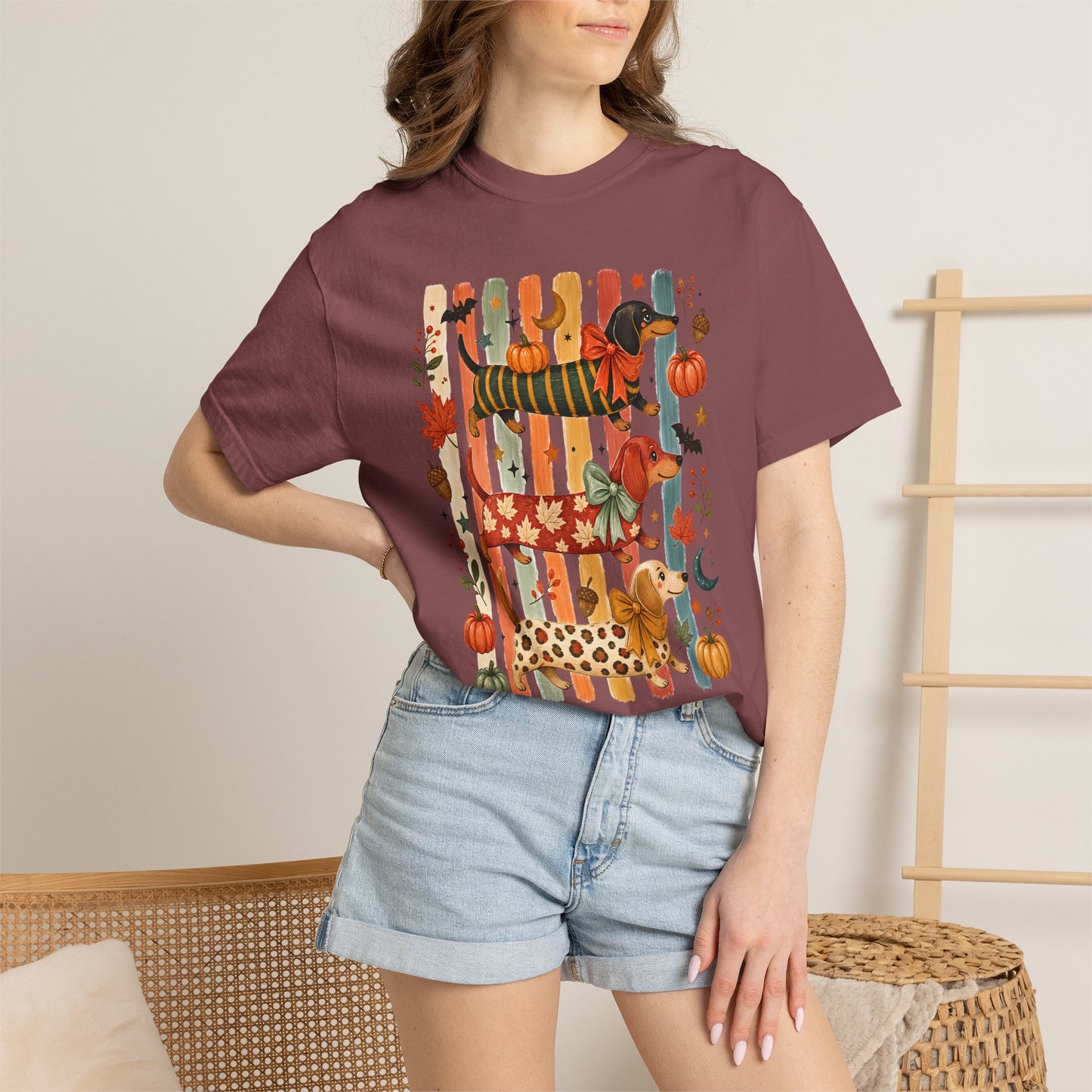 Whimsical Fall Dachshund Trio Comfort Colors 1717 T-Shirt | Cozy Autumn Dog Mom Shirt