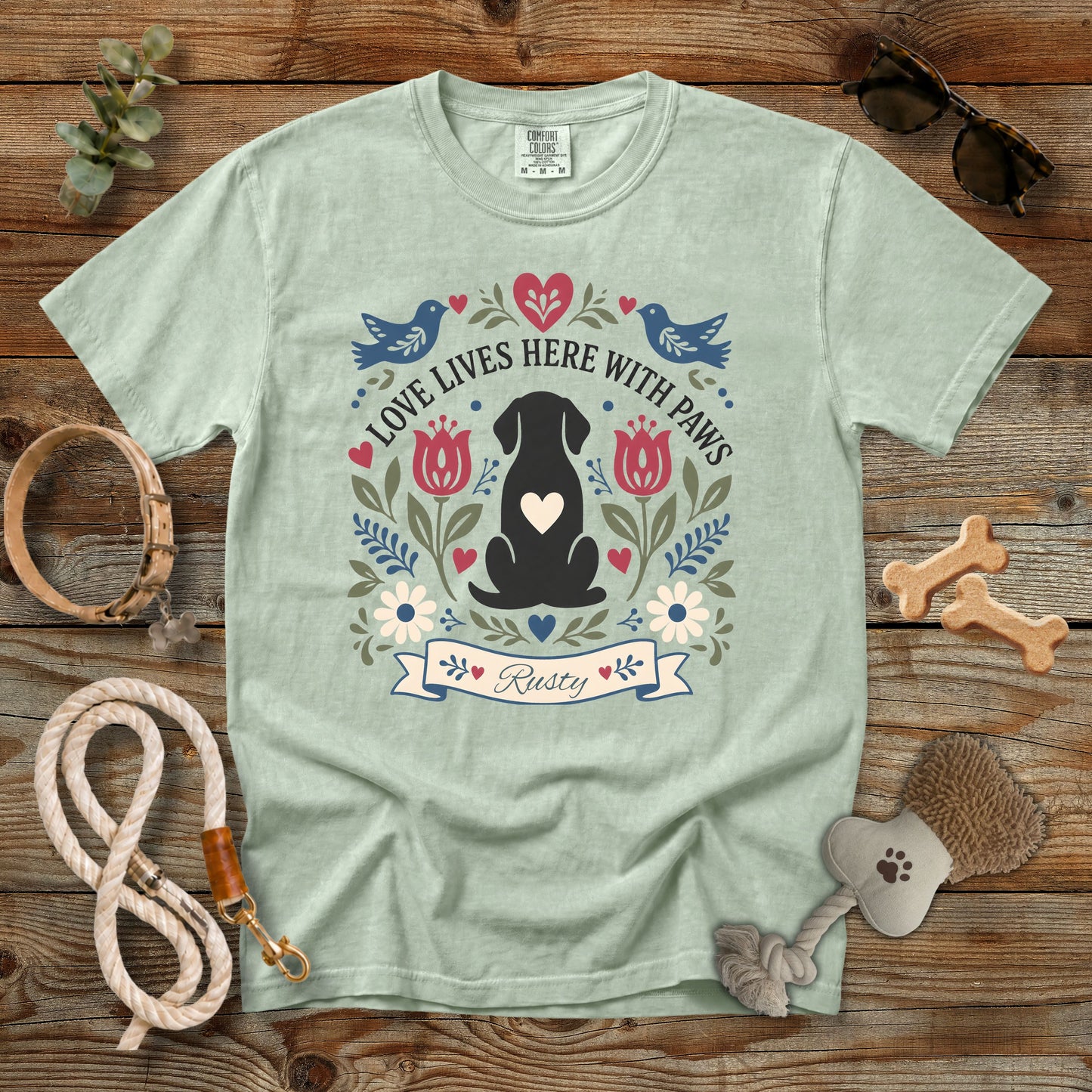 Personalized Love Lives Here With Paws Dog Mom T-Shirt | Custom Dog Name Comfort Colors 1717