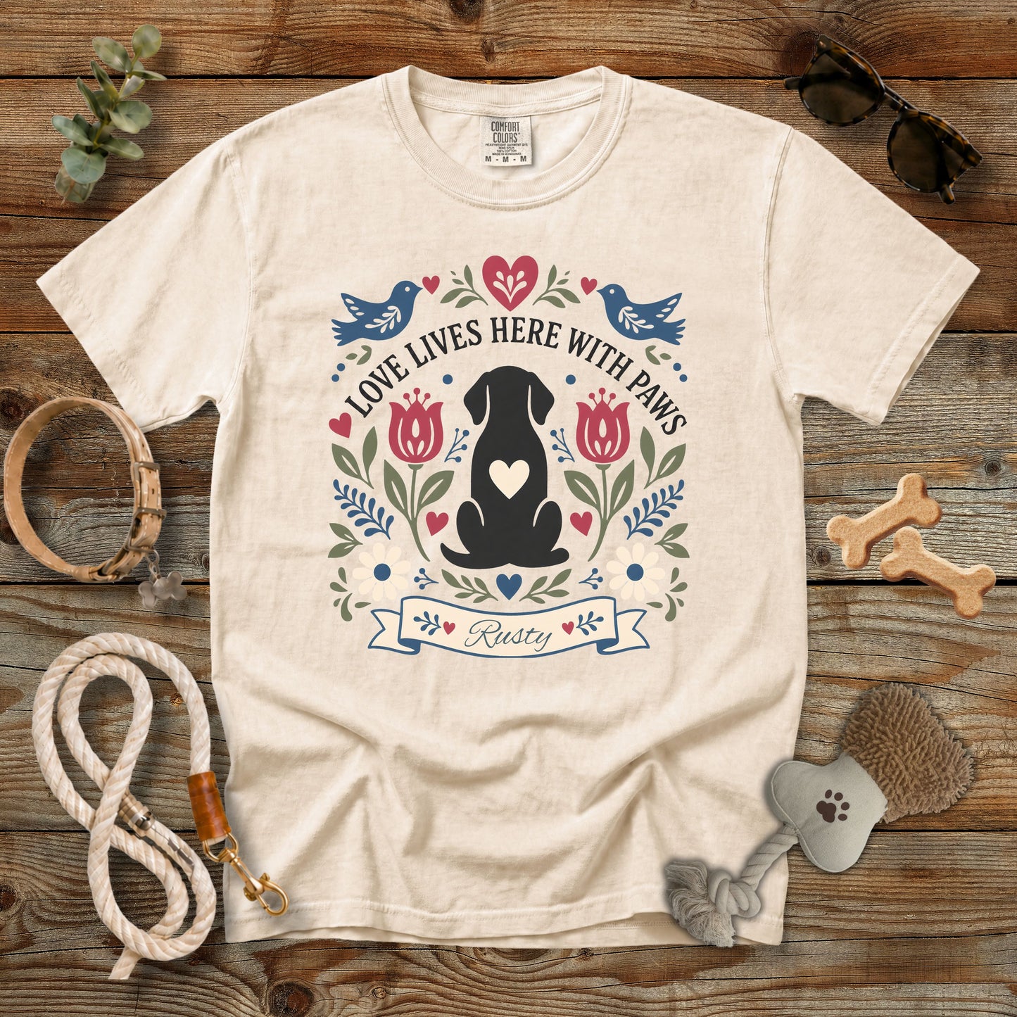 Personalized Love Lives Here With Paws Dog Mom T-Shirt | Custom Dog Name Comfort Colors 1717