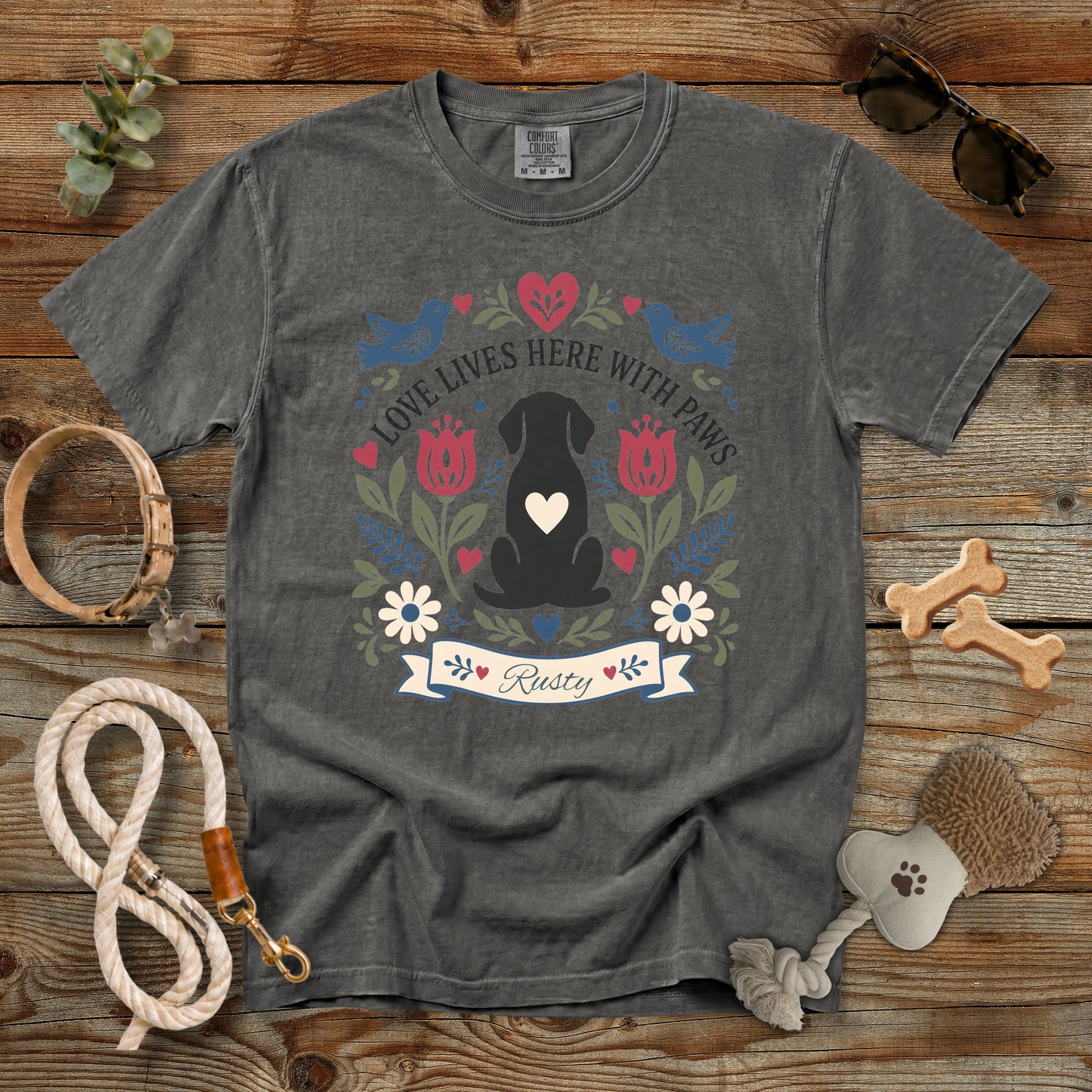 Personalized Love Lives Here With Paws Dog Mom T-Shirt | Custom Dog Name Comfort Colors 1717
