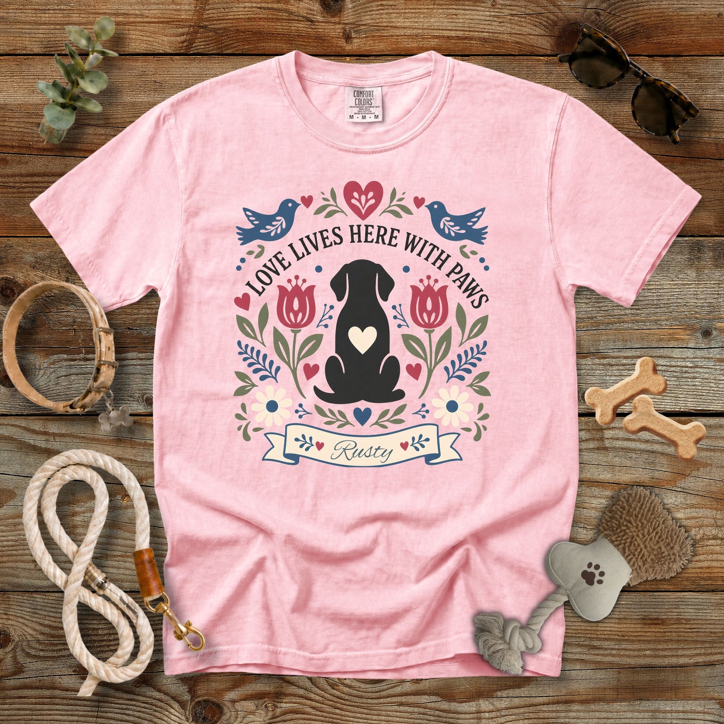 Personalized Love Lives Here With Paws Dog Mom T-Shirt | Custom Dog Name Comfort Colors 1717