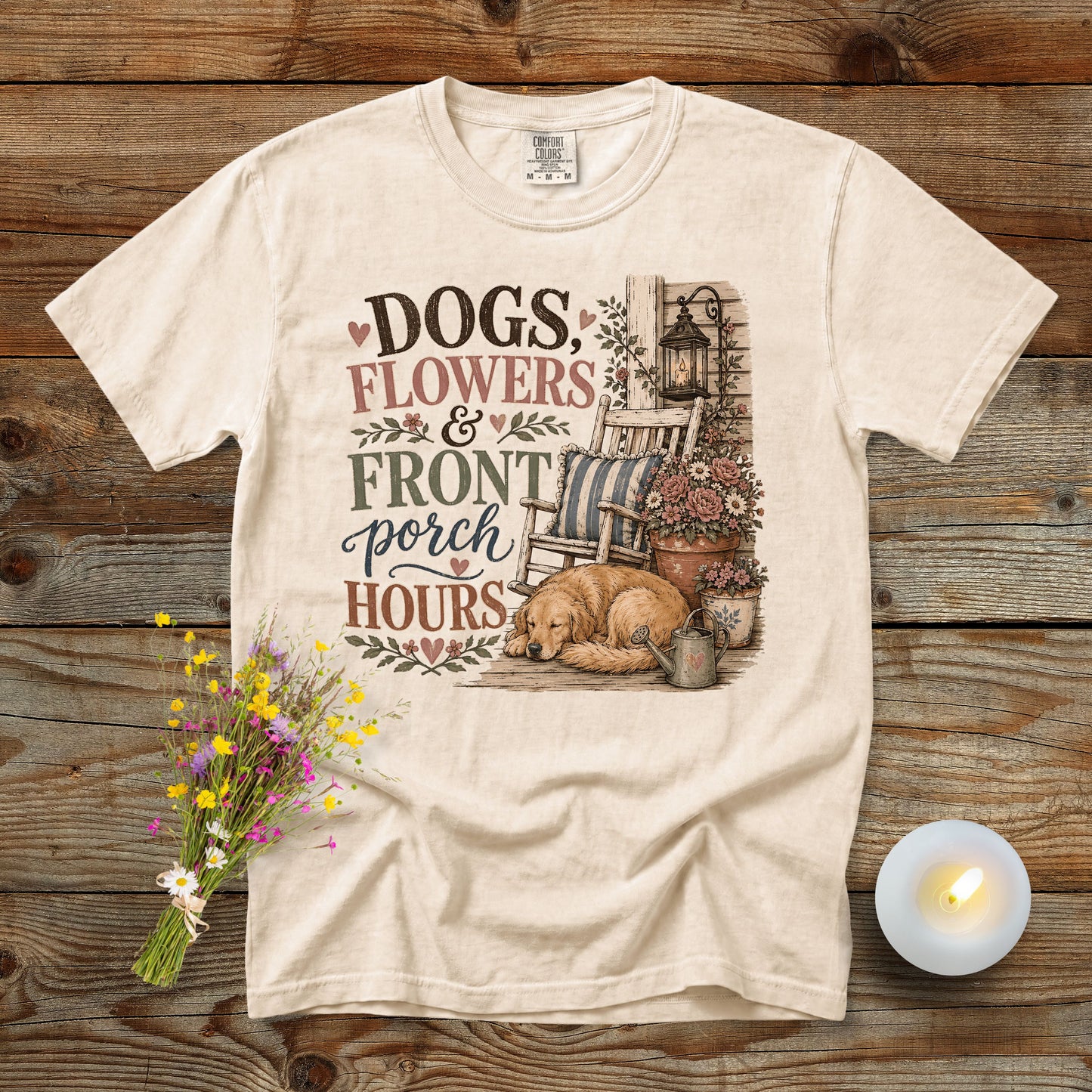 Dogs, Flowers & Front Porch Hours T-Shirt | Comfort Colors 1717 Dog Mom Tee