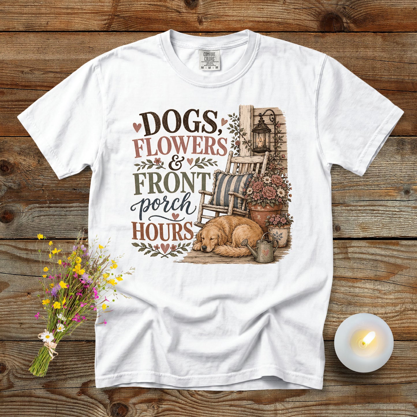 Dogs, Flowers & Front Porch Hours T-Shirt | Comfort Colors 1717 Dog Mom Tee
