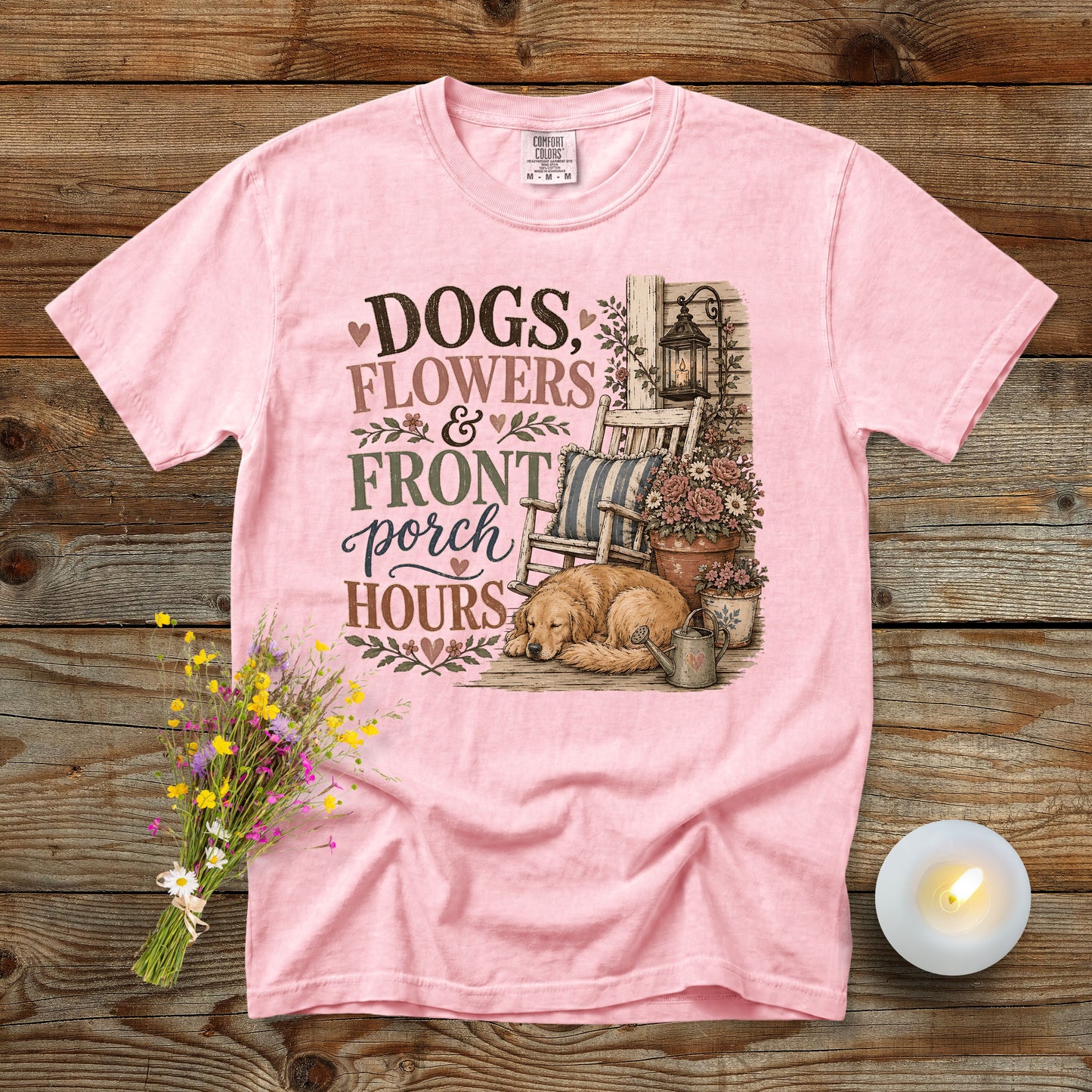 Dogs, Flowers & Front Porch Hours T-Shirt | Comfort Colors 1717 Dog Mom Tee