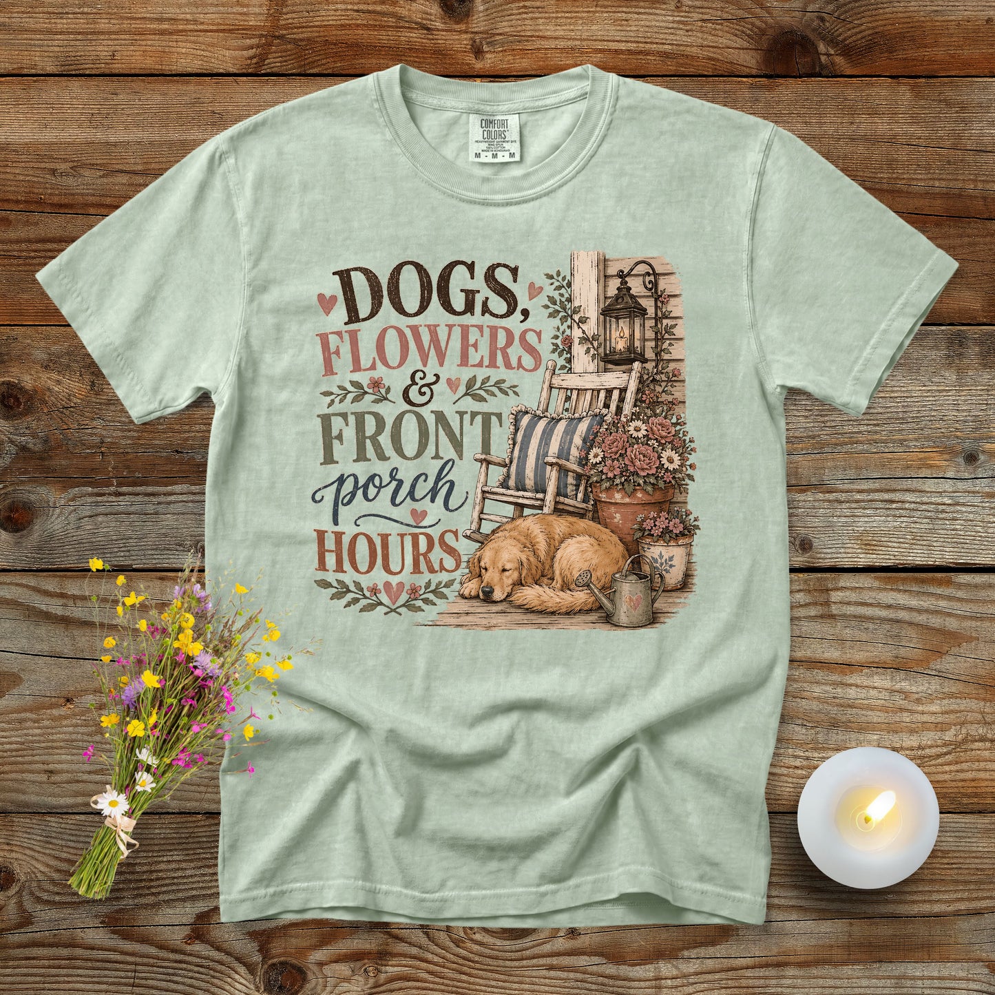 Dogs, Flowers & Front Porch Hours T-Shirt | Comfort Colors 1717 Dog Mom Tee