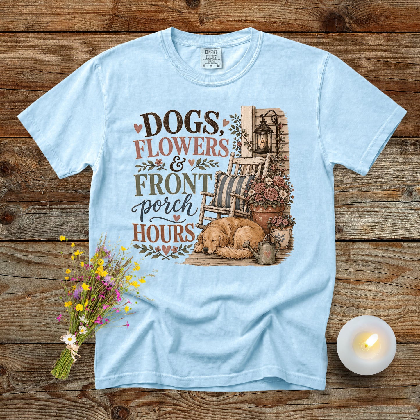 Dogs, Flowers & Front Porch Hours T-Shirt | Comfort Colors 1717 Dog Mom Tee