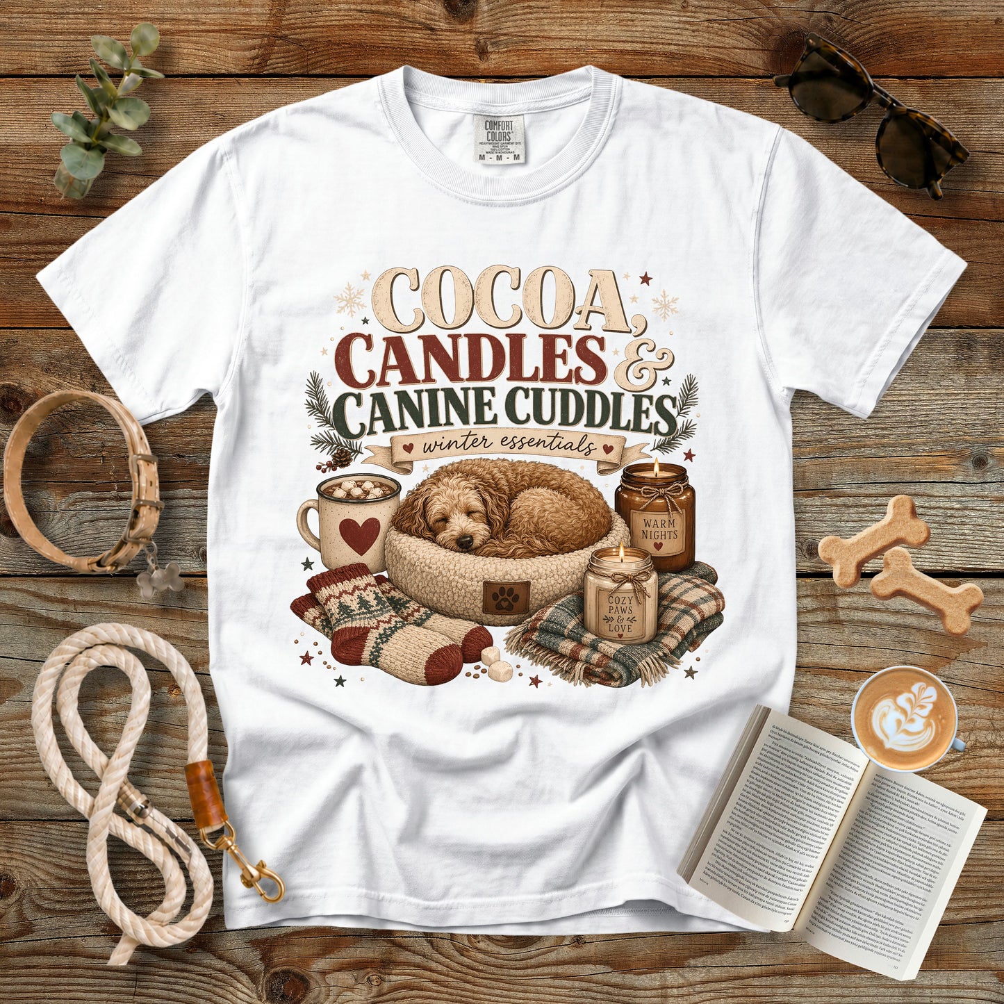 Cocoa Candles & Canine Cuddles T-Shirt | Comfort Colors 1717 Dog Mom Winter Tee