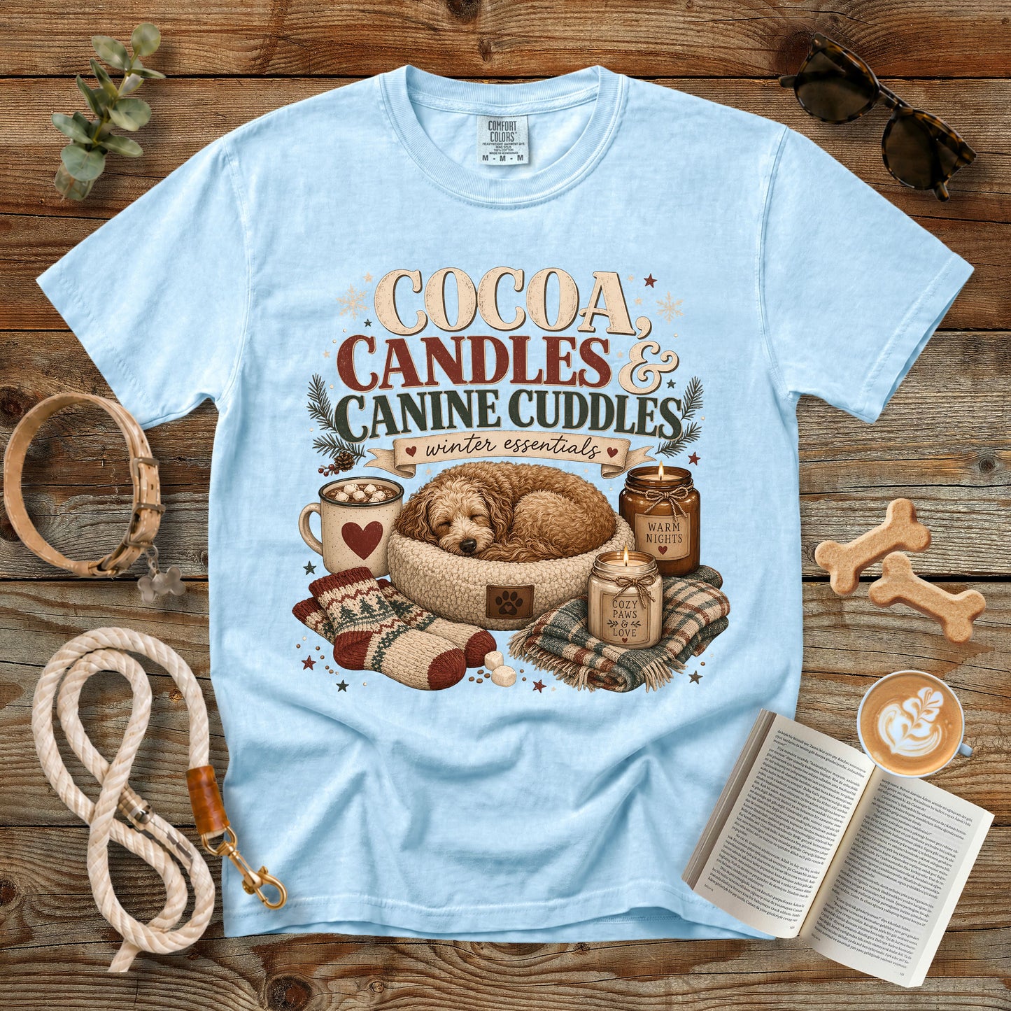 Cocoa Candles & Canine Cuddles T-Shirt | Comfort Colors 1717 Dog Mom Winter Tee