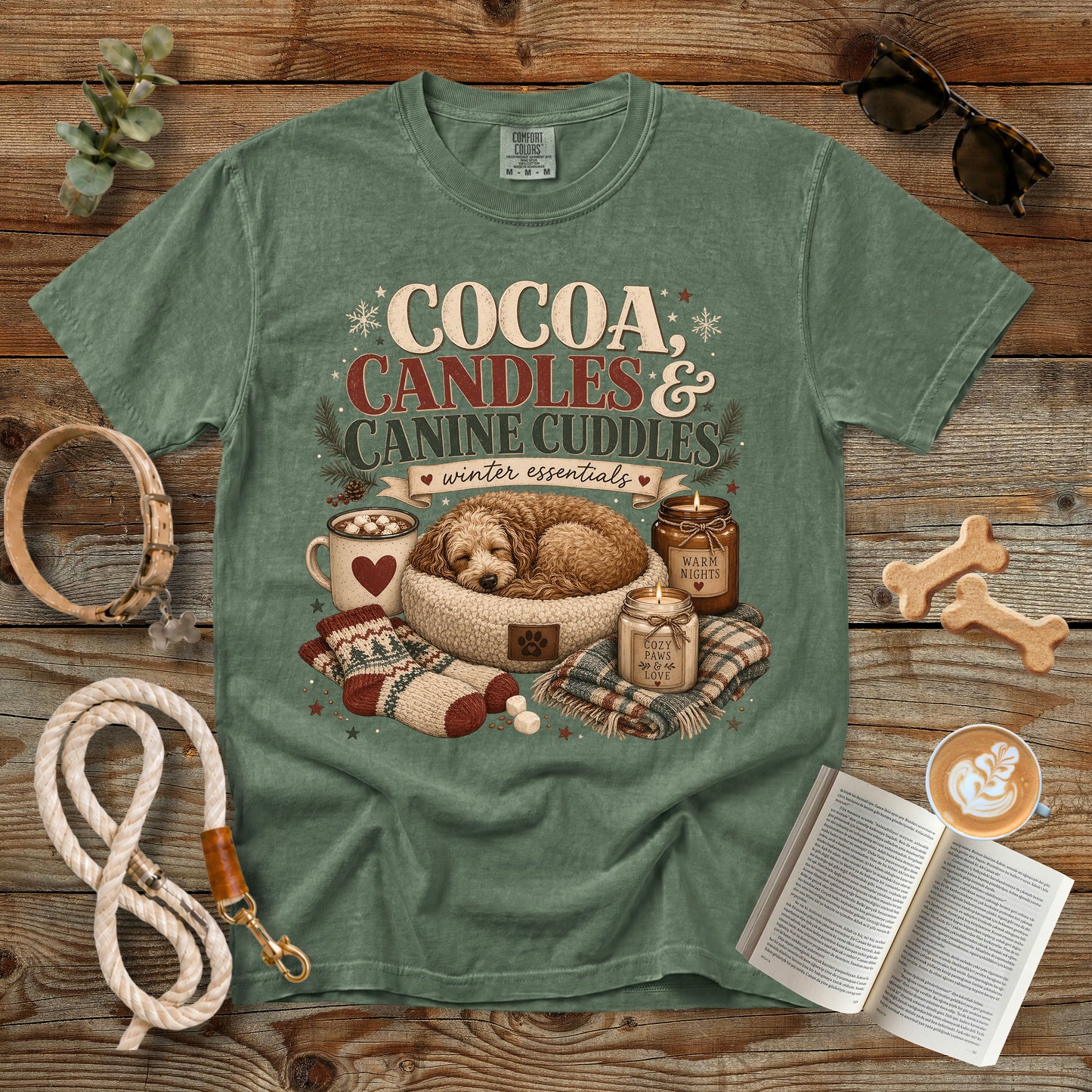 Cocoa Candles & Canine Cuddles T-Shirt | Comfort Colors 1717 Dog Mom Winter Tee
