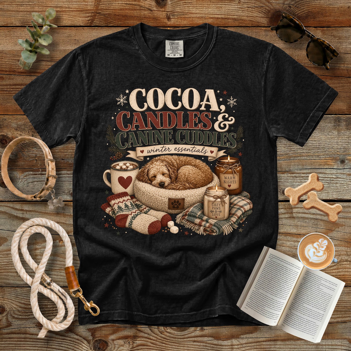 Cocoa Candles & Canine Cuddles T-Shirt | Comfort Colors 1717 Dog Mom Winter Tee