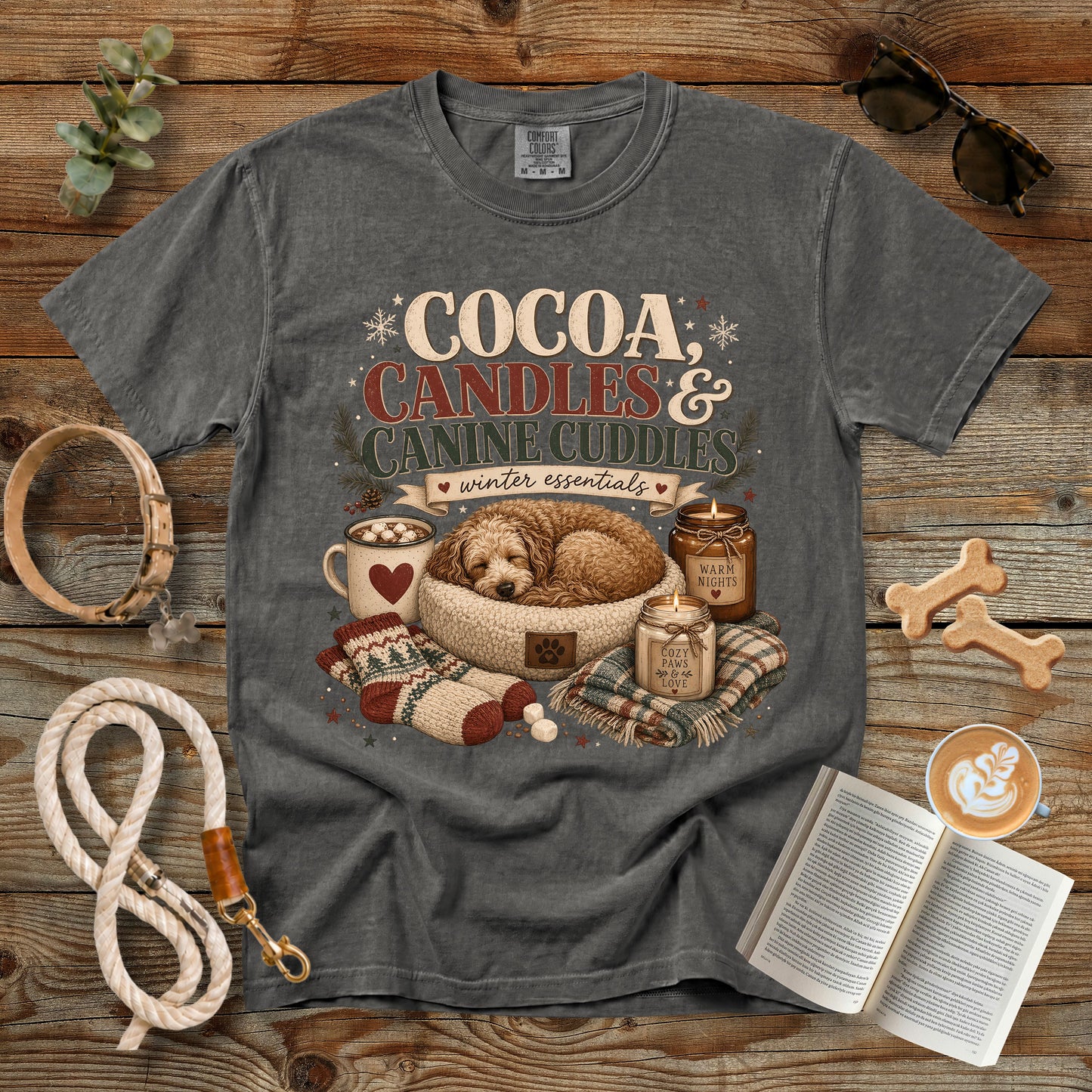 Cocoa Candles & Canine Cuddles T-Shirt | Comfort Colors 1717 Dog Mom Winter Tee