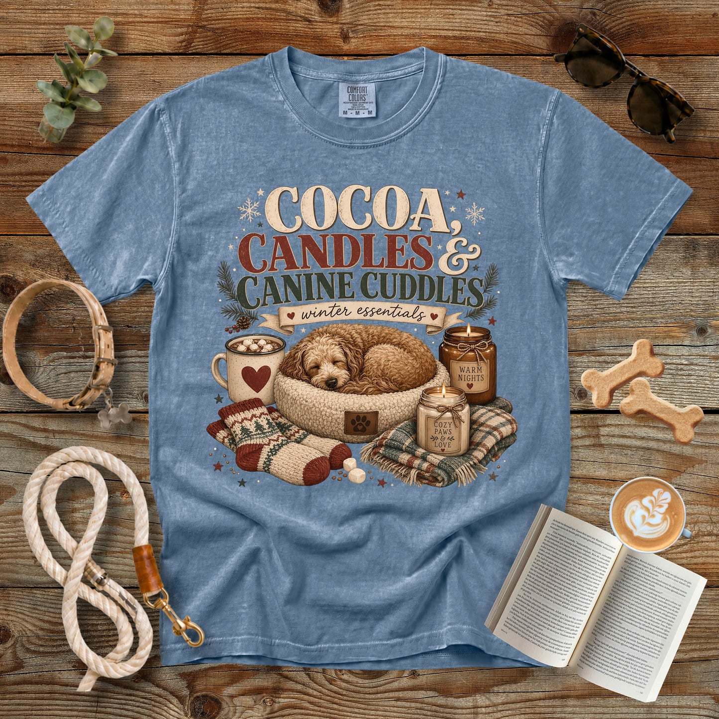 Cocoa Candles & Canine Cuddles T-Shirt | Comfort Colors 1717 Dog Mom Winter Tee