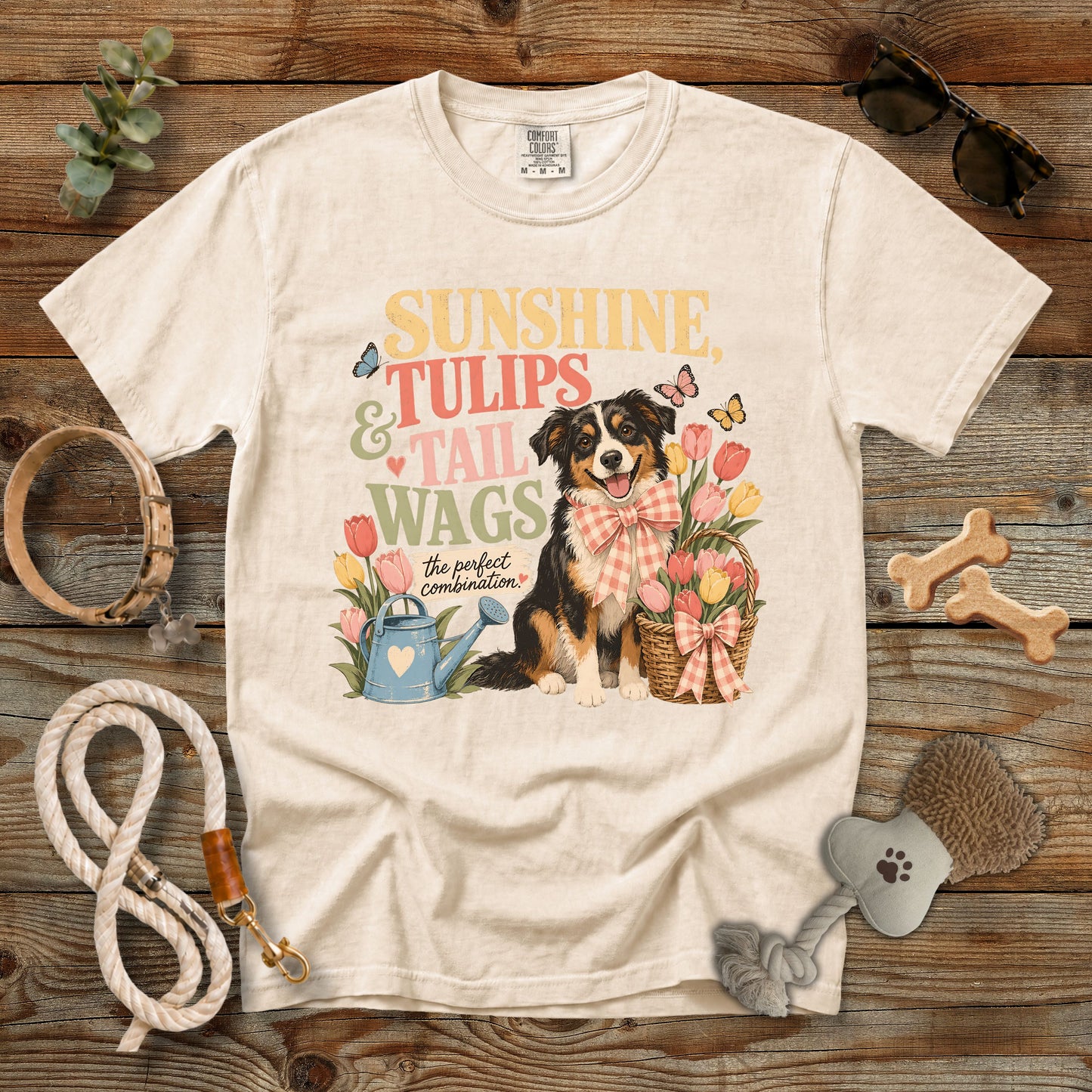 Sunshine, Tulips & Tail Wags T-Shirt | Comfort Colors 1717 Dog Mom Spring Graphic Tee