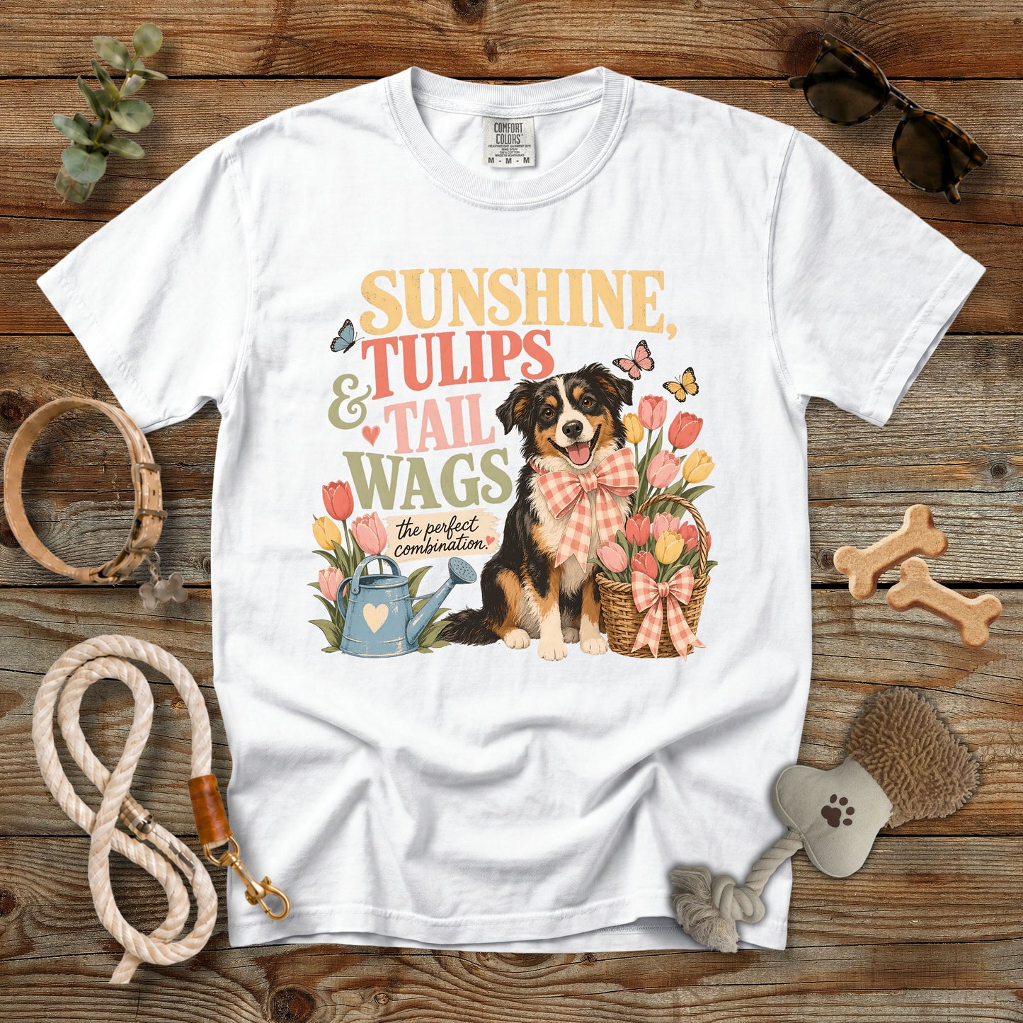 Sunshine, Tulips & Tail Wags T-Shirt | Comfort Colors 1717 Dog Mom Spring Graphic Tee
