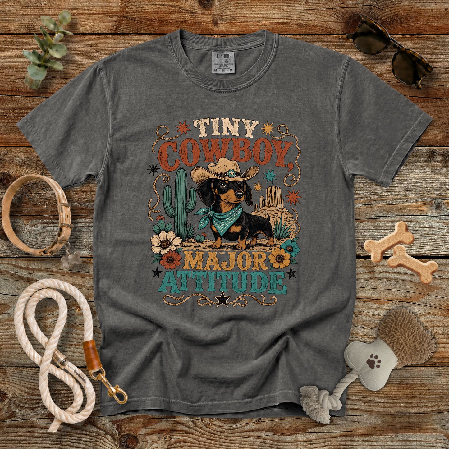 Tiny Cowboy Major Attitude T-Shirt | Funny Dachshund Cowgirl Comfort Colors 1717