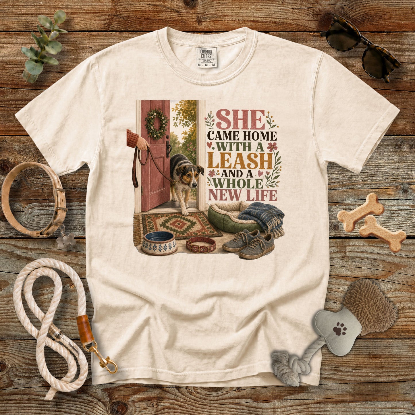 She Came Home With a Leash and a Whole New Life T-Shirt | Comfort Colors 1717 Dog Mom Tee