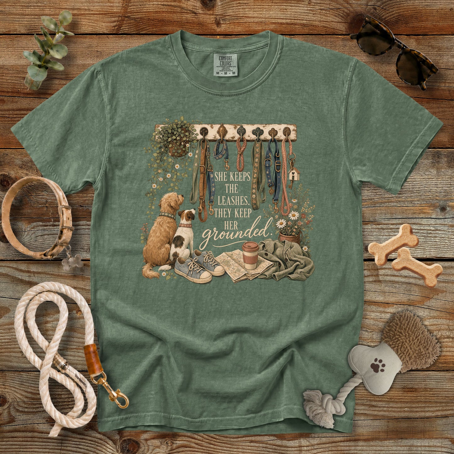 She Keeps the Leashes They Keep Her Grounded T-Shirt | Comfort Colors 1717 Dog Mom Tee