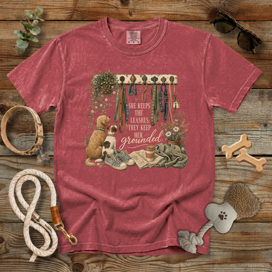 She Keeps the Leashes They Keep Her Grounded T-Shirt | Comfort Colors 1717 Dog Mom Tee