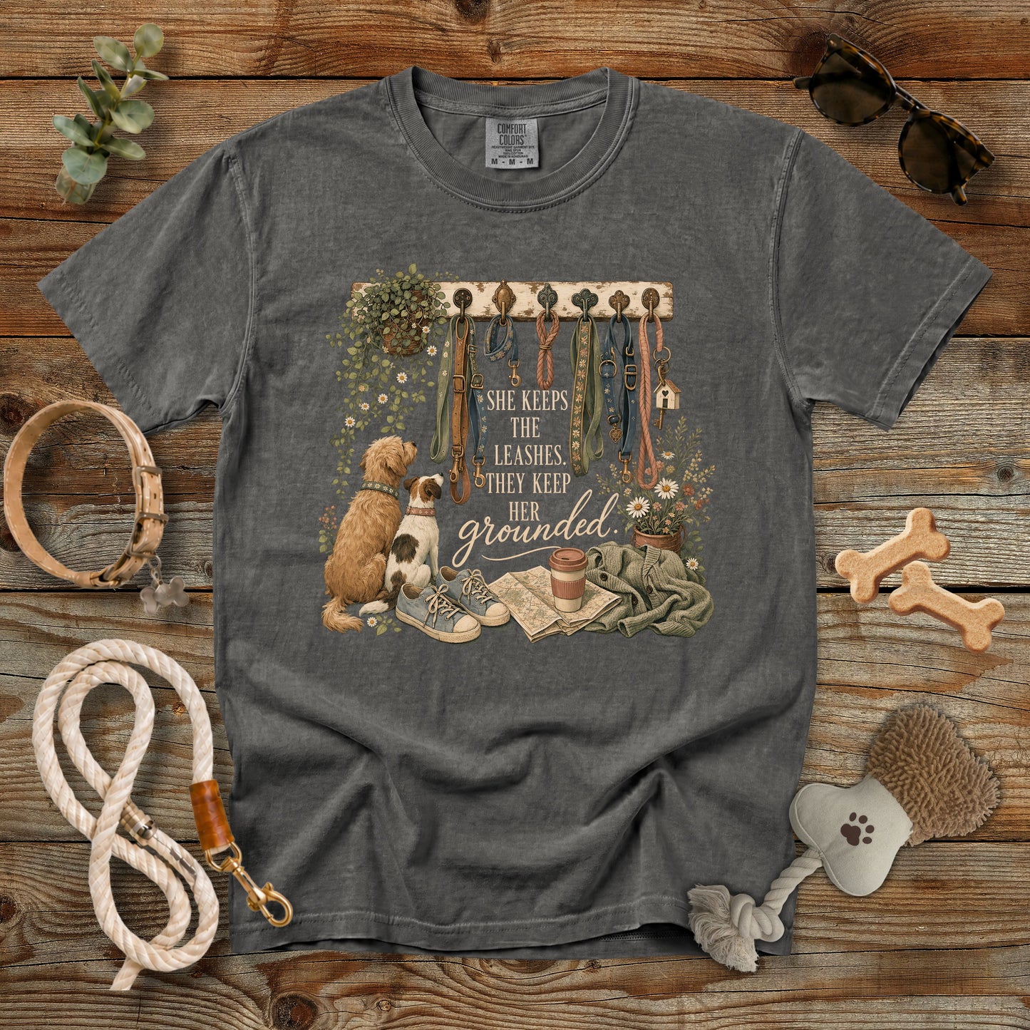 She Keeps the Leashes They Keep Her Grounded T-Shirt | Comfort Colors 1717 Dog Mom Tee