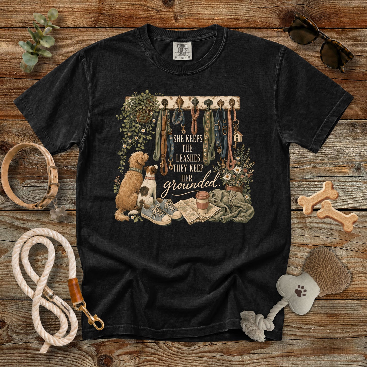She Keeps the Leashes They Keep Her Grounded T-Shirt | Comfort Colors 1717 Dog Mom Tee