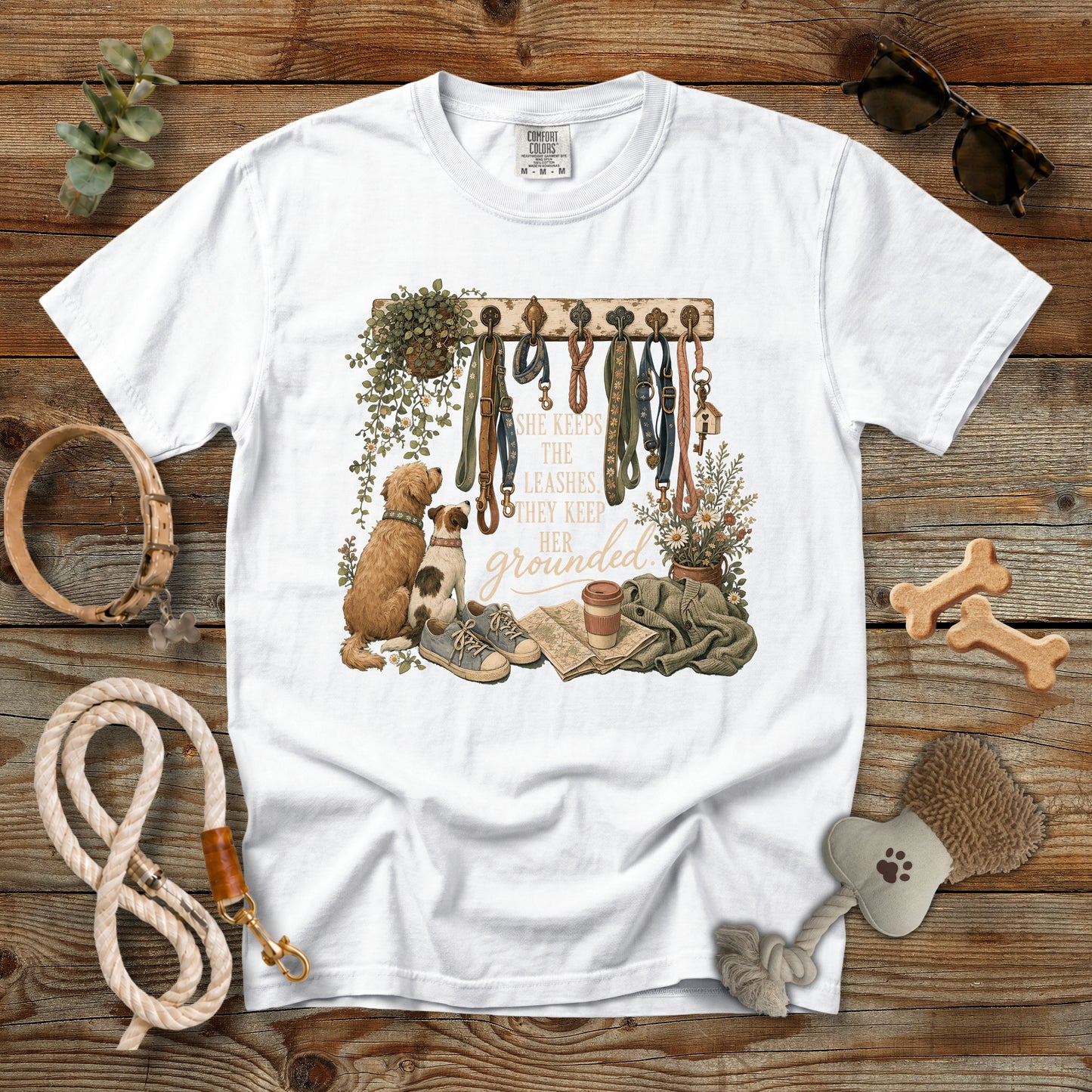 She Keeps the Leashes They Keep Her Grounded T-Shirt | Comfort Colors 1717 Dog Mom Tee