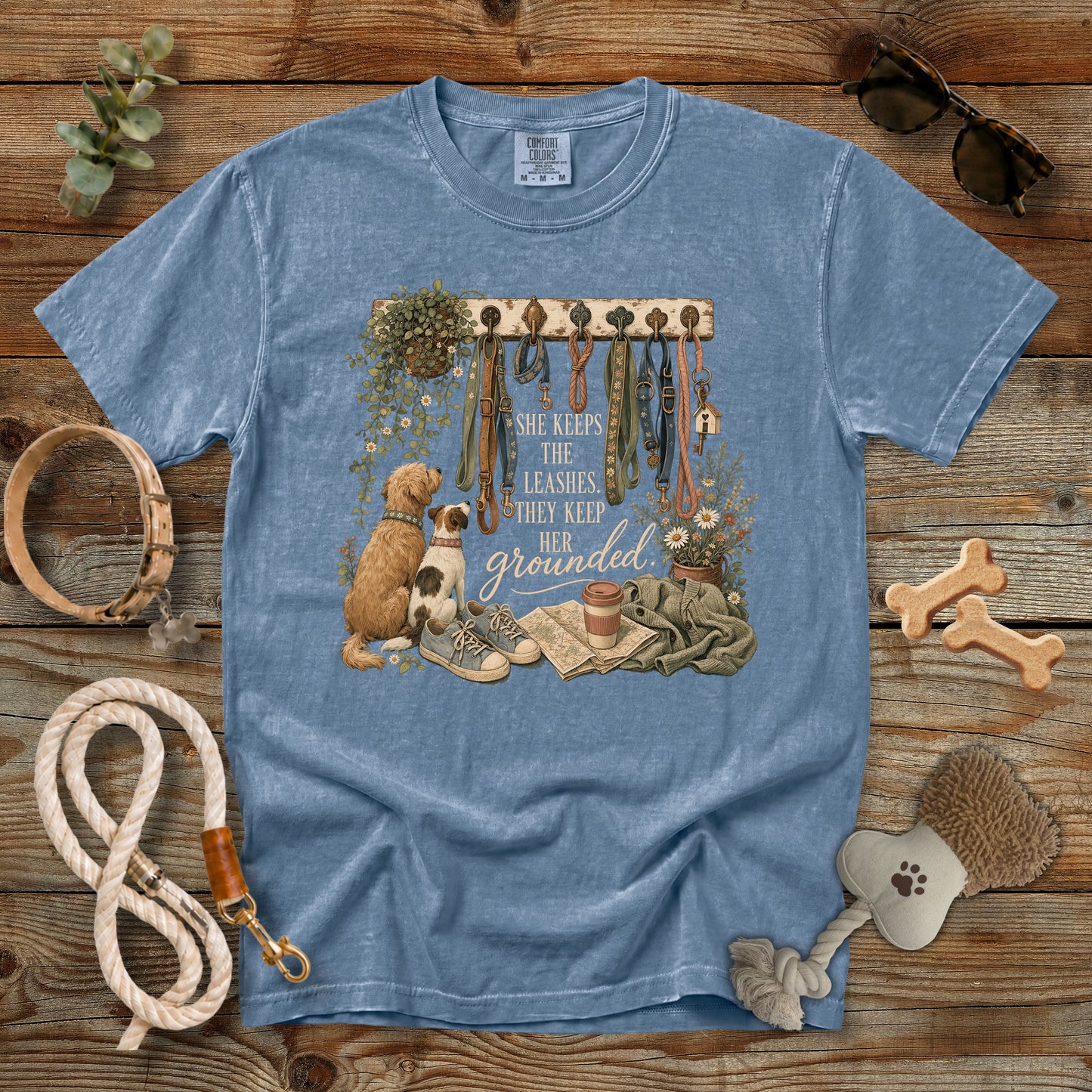 She Keeps the Leashes They Keep Her Grounded T-Shirt | Comfort Colors 1717 Dog Mom Tee