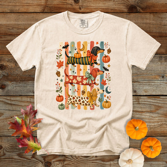 Whimsical Fall Dachshund Trio Comfort Colors 1717 T-Shirt | Cozy Autumn Dog Mom Shirt