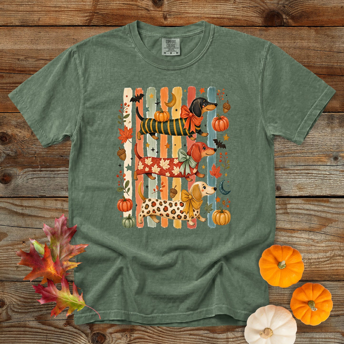 Whimsical Fall Dachshund Trio Comfort Colors 1717 T-Shirt | Cozy Autumn Dog Mom Shirt