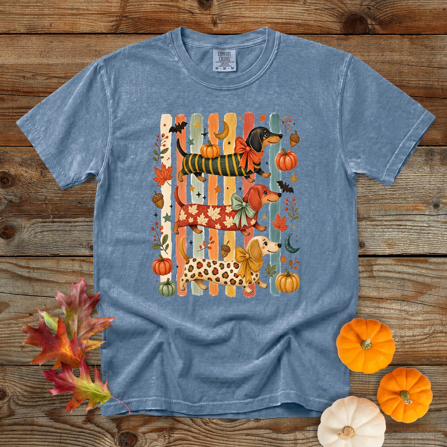 Whimsical Fall Dachshund Trio Comfort Colors 1717 T-Shirt | Cozy Autumn Dog Mom Shirt