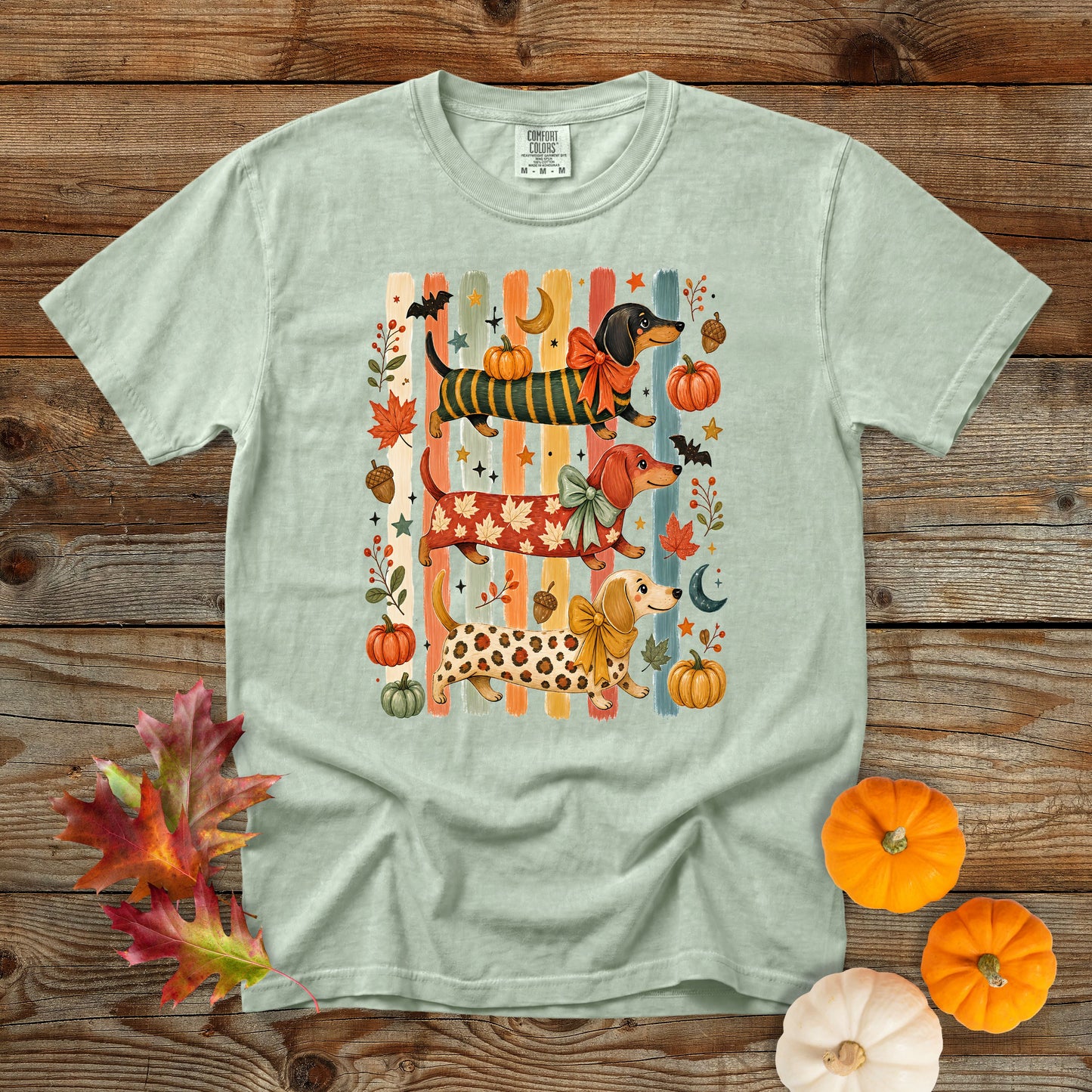 Whimsical Fall Dachshund Trio Comfort Colors 1717 T-Shirt | Cozy Autumn Dog Mom Shirt