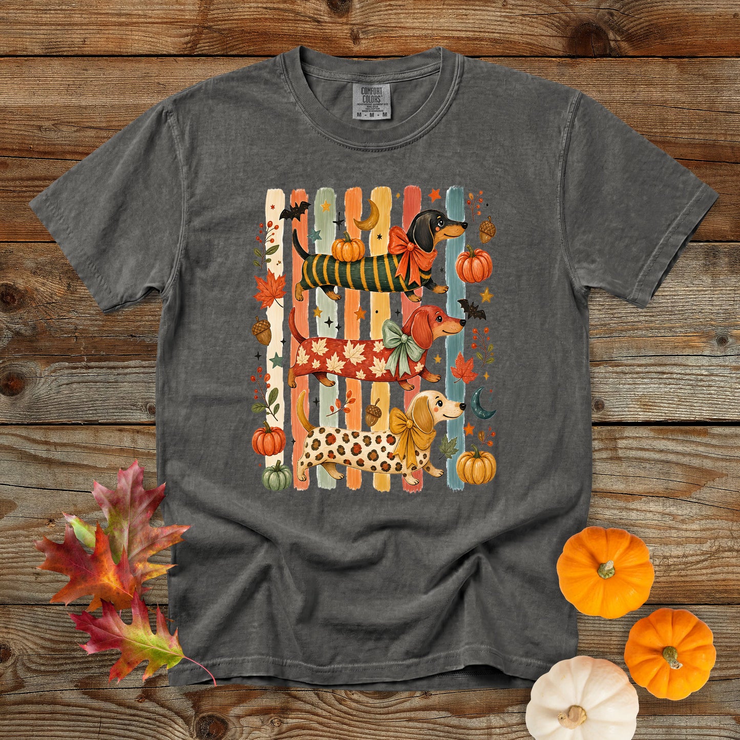 Whimsical Fall Dachshund Trio Comfort Colors 1717 T-Shirt | Cozy Autumn Dog Mom Shirt