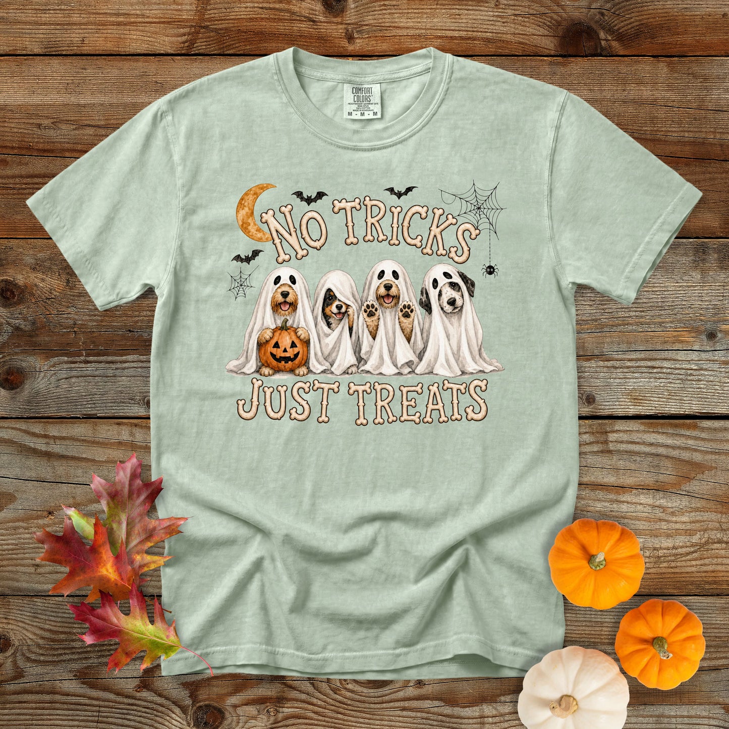 No Tricks Just Treats Ghost Dogs Halloween T-Shirt | Comfort Colors 1717