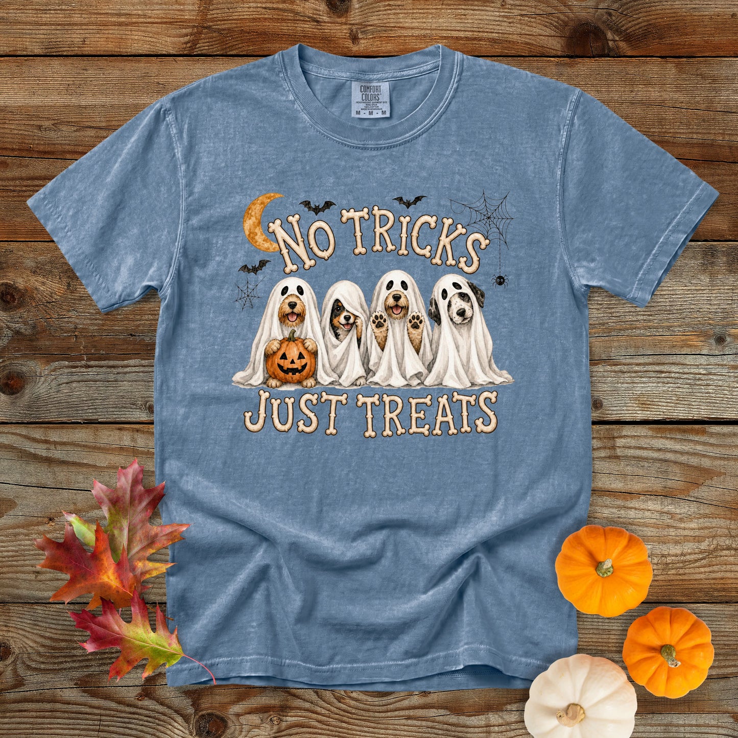 No Tricks Just Treats Ghost Dogs Halloween T-Shirt | Comfort Colors 1717
