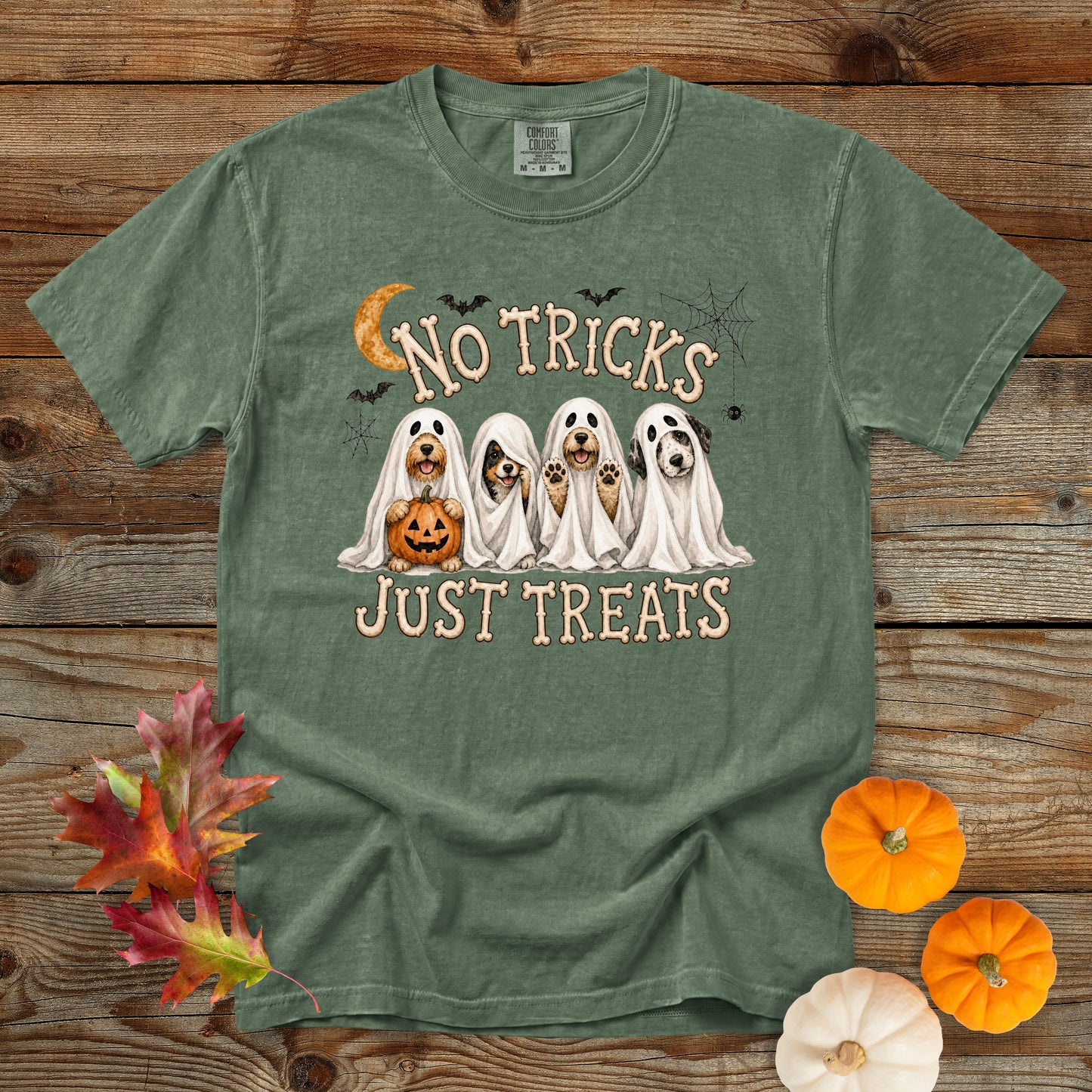No Tricks Just Treats Ghost Dogs Halloween T-Shirt | Comfort Colors 1717