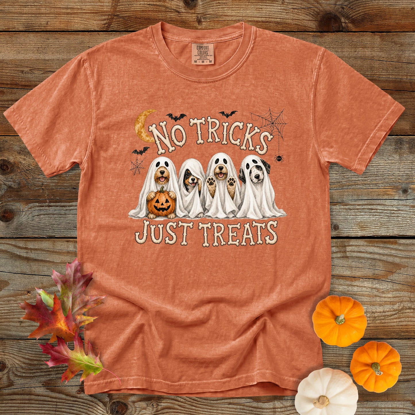 No Tricks Just Treats Ghost Dogs Halloween T-Shirt | Comfort Colors 1717