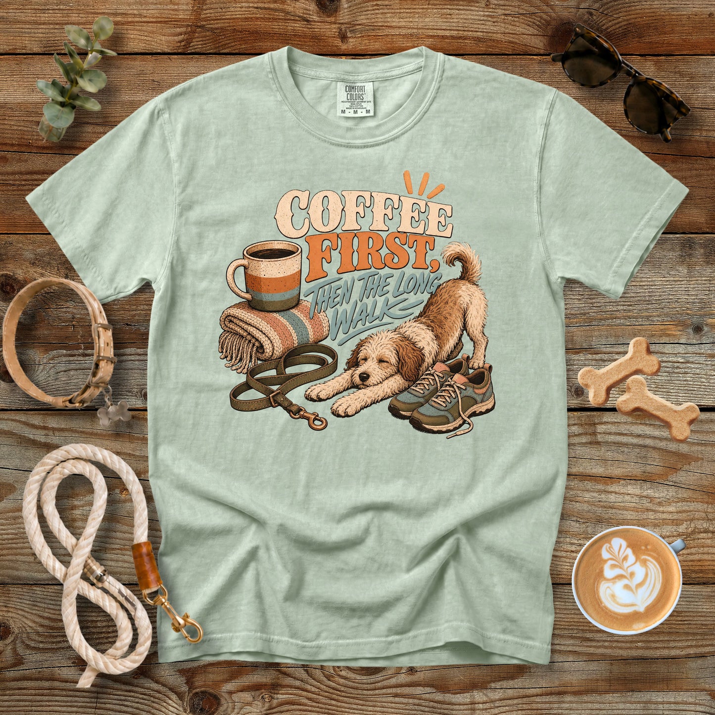 Coffee First, Then the Long Walk T-Shirt | Dog Mom Tee Comfort Colors 1717