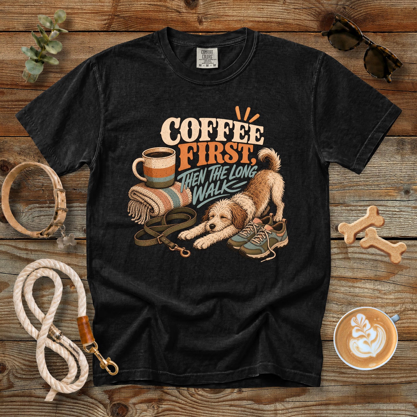Coffee First, Then the Long Walk T-Shirt | Dog Mom Tee Comfort Colors 1717