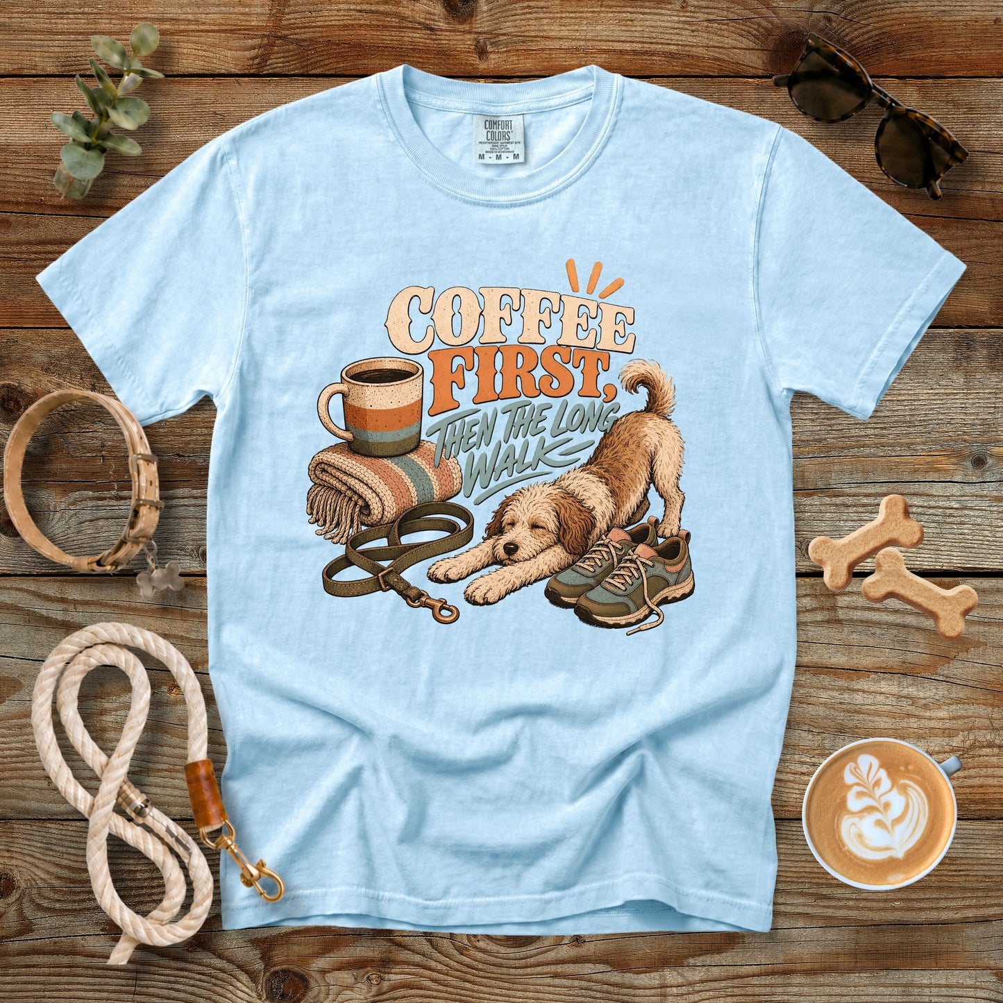 Coffee First, Then the Long Walk T-Shirt | Dog Mom Tee Comfort Colors 1717