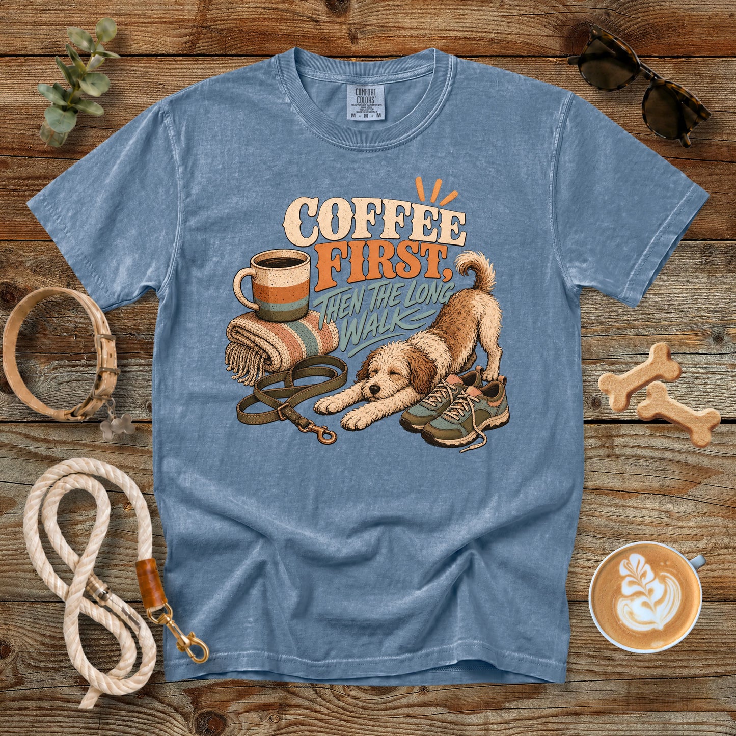 Coffee First, Then the Long Walk T-Shirt | Dog Mom Tee Comfort Colors 1717