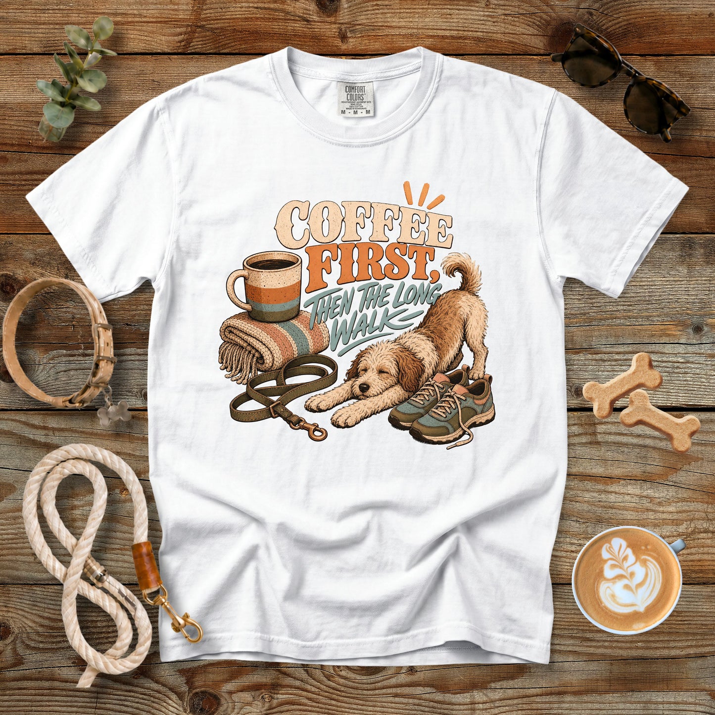 Coffee First, Then the Long Walk T-Shirt | Dog Mom Tee Comfort Colors 1717