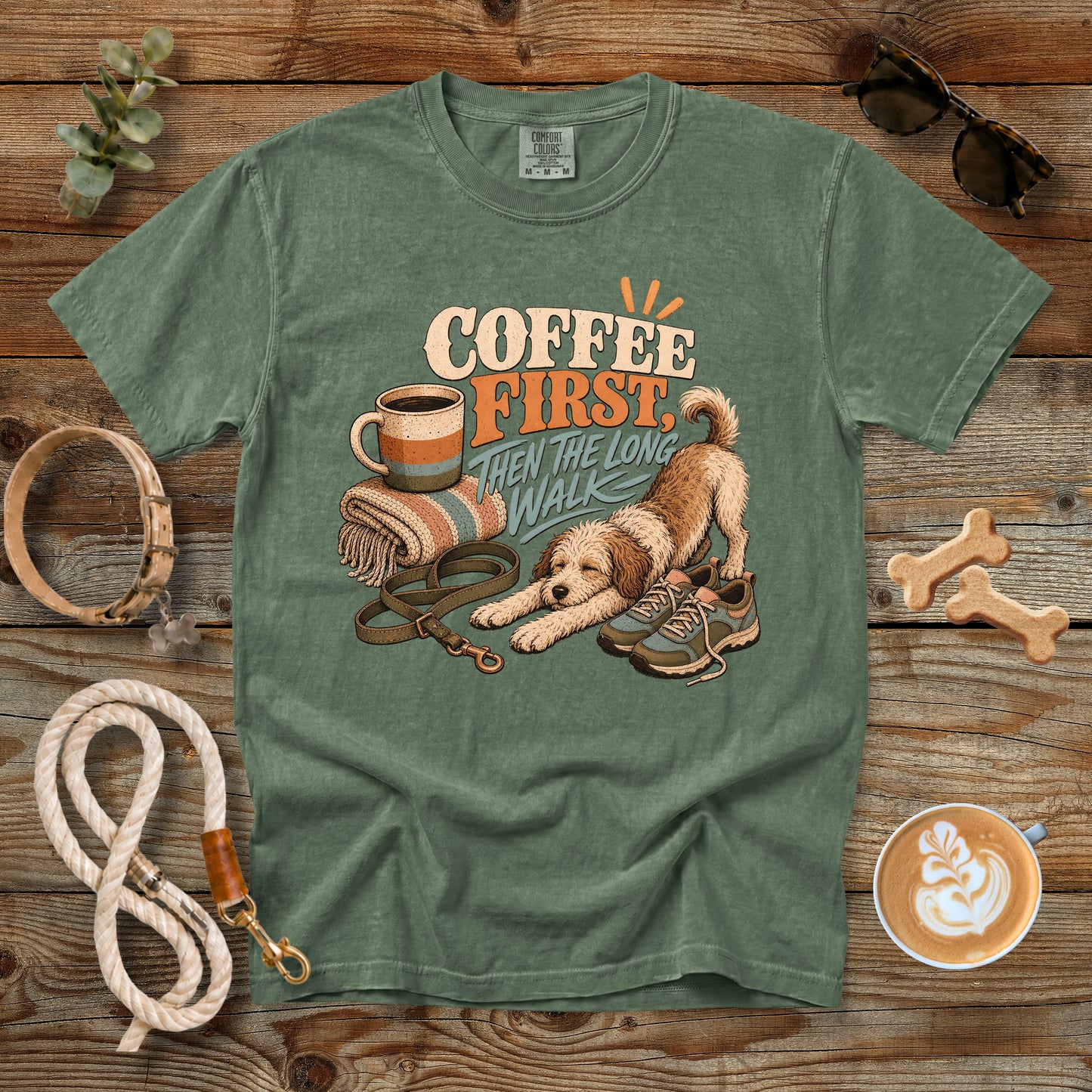Coffee First, Then the Long Walk T-Shirt | Dog Mom Tee Comfort Colors 1717