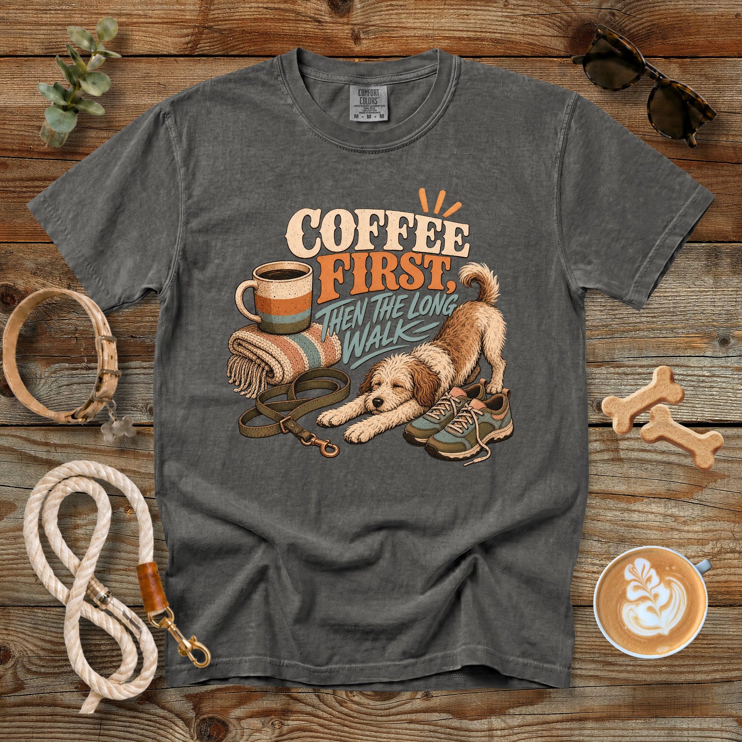 Coffee First, Then the Long Walk T-Shirt | Dog Mom Tee Comfort Colors 1717