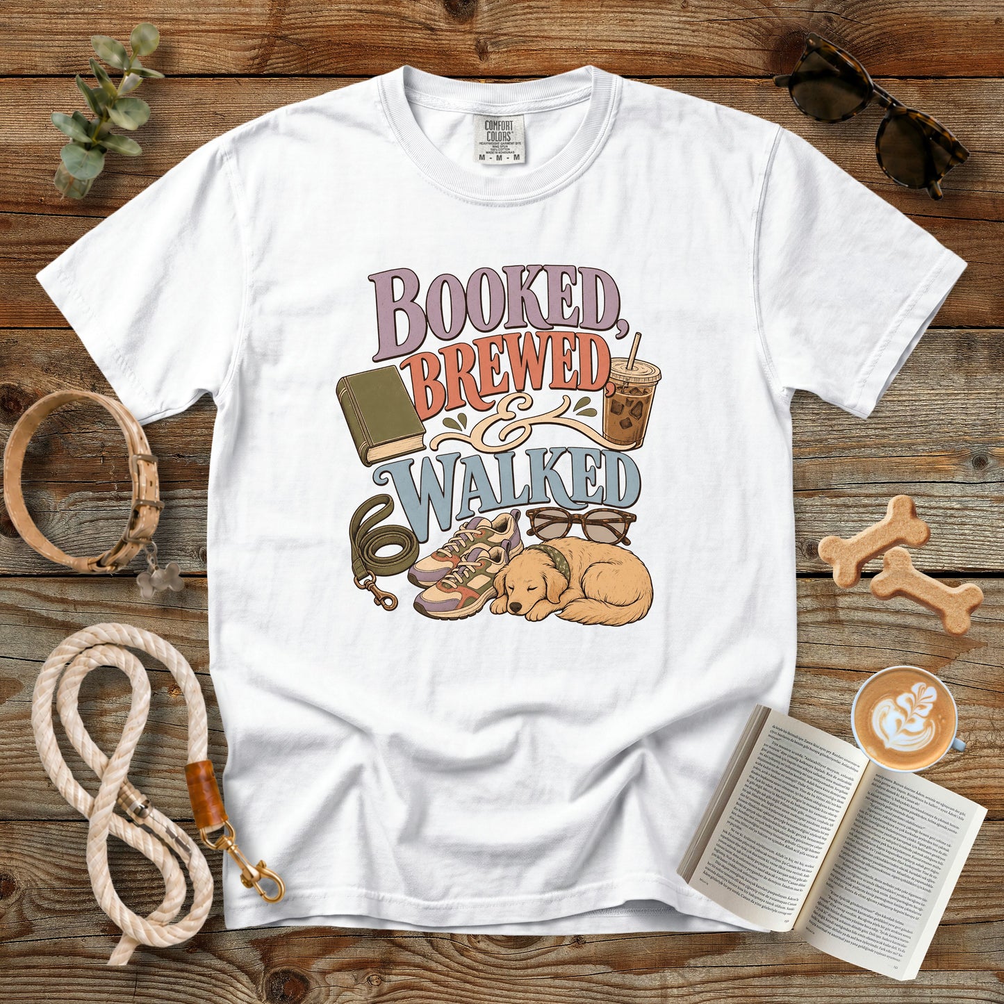 Booked, Brewed & Walked T-Shirt | Dog Mom Tee Comfort Colors 1717