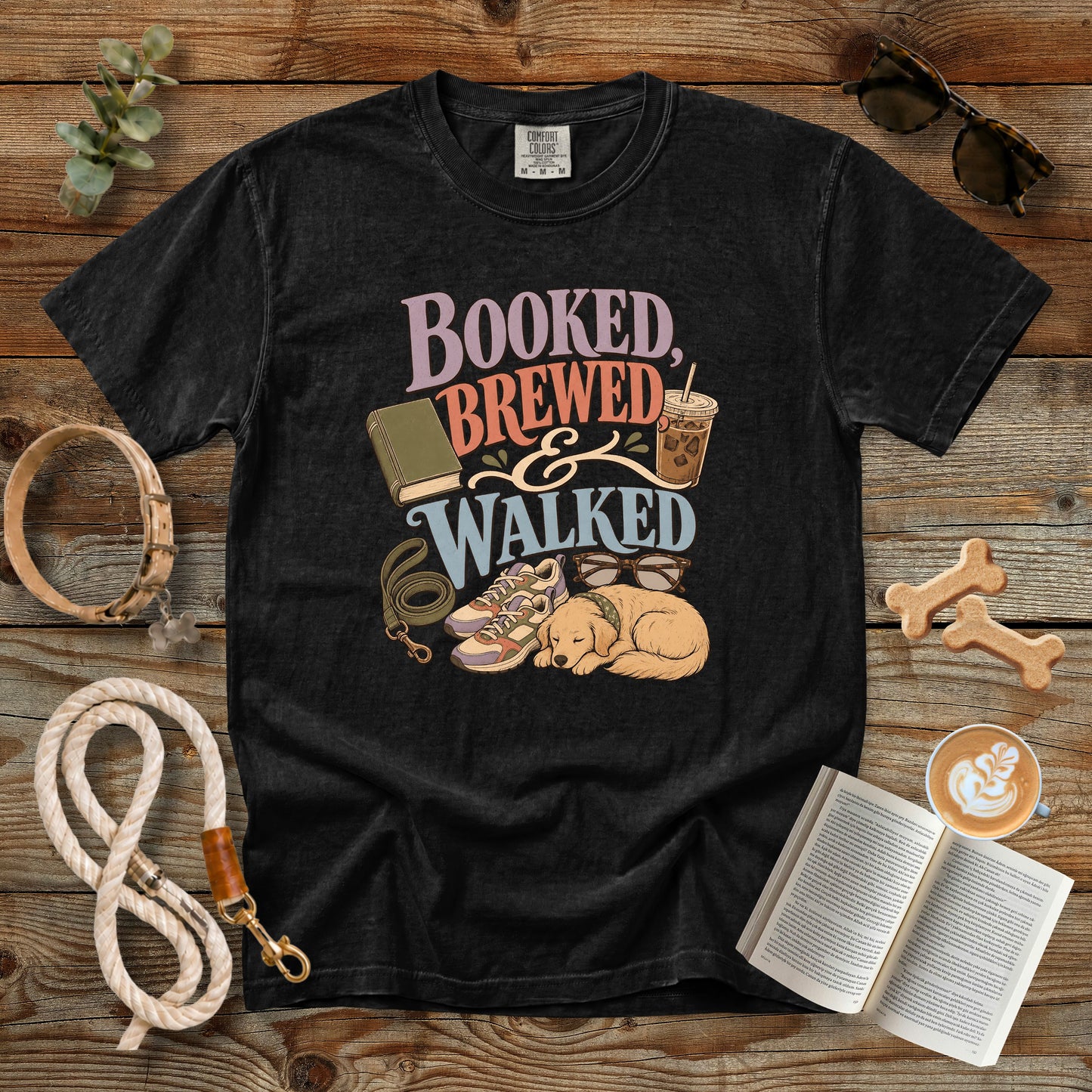Booked, Brewed & Walked T-Shirt | Dog Mom Tee Comfort Colors 1717