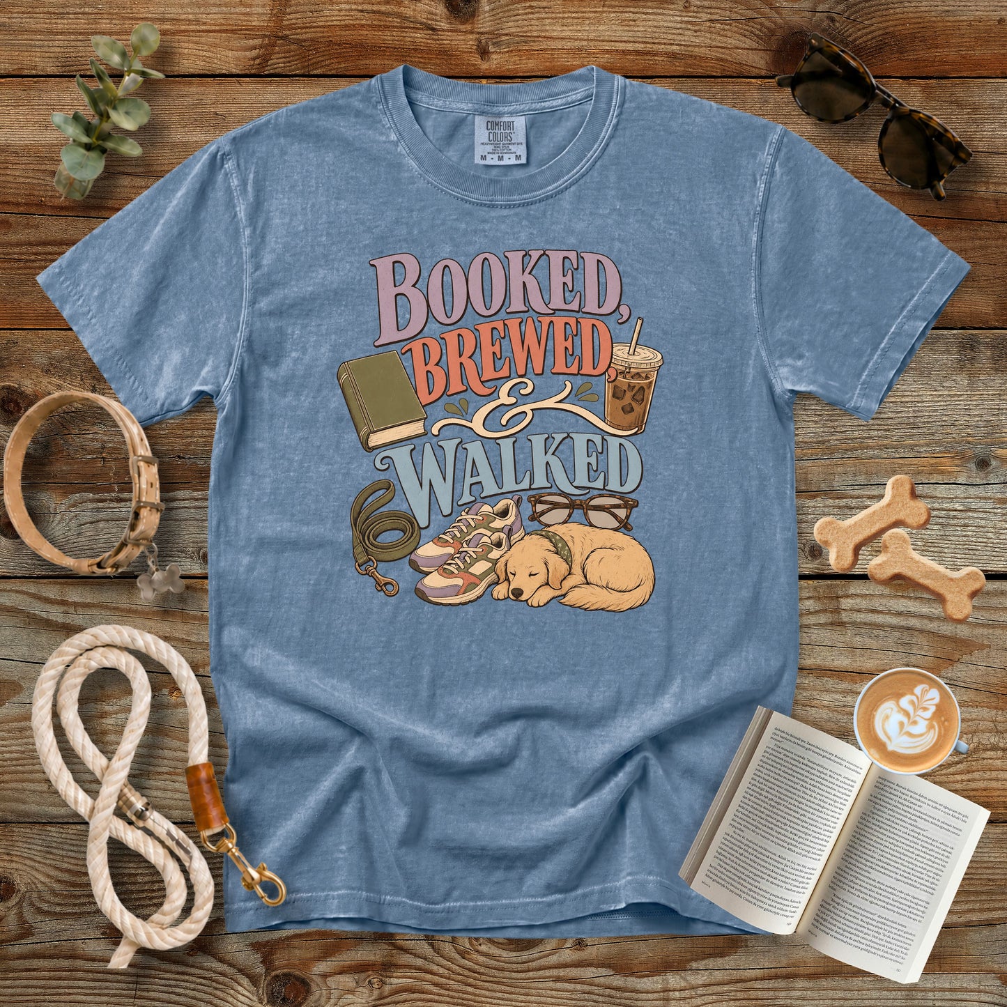 Booked, Brewed & Walked T-Shirt | Dog Mom Tee Comfort Colors 1717